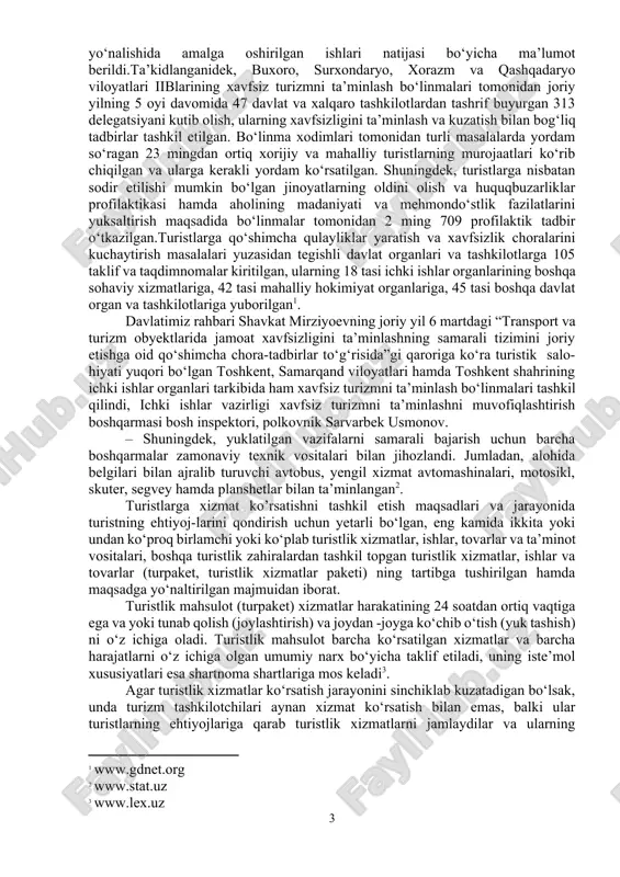 aqsadi: xavfsiz turizmni ta’minlash bo‘linmalarining turizm obyektlarida va infratuzilmasi hududida turistlar xavfsizligini ta’minlash yo‘nalishida amalga oshirilgan ishlari natijasi bo‘yicha ma’lumot berildi.ta’kidlanganidek, buxoro, surxondaryo, xorazm va qashqadaryo viloyatlari iiblarining xavfsiz turizmni ta’minlash bo‘linmalari tomonidan joriy yilning 5 oyi davomida 47 davlat va xalqaro tashkilotlardan tashrif buyurgan 313 delegatsiyani kutib olish, ularning xavfsizligini ta’minlash va kuzatish bilan bog‘liq tadbirlar tashkil etilgan. bo‘linma xodimlari tomonidan turli masalalarda yordam so‘ragan 23 mingdan ortiq xorijiy va mahalliy turistlarning murojaatlari ko‘rib chiqilgan va ularga kerakli yordam ko‘rsatilgan. shuningdek, turistlarga nisbatan sodir etilishi mumkin bo‘lgan jinoyatlarning oldini olish va huquqbuzarliklar profilaktikasi hamda aholining madaniyati va mehmondo‘stlik fazilatlarini yuksaltirish maqsadida bo‘linmalar tomonidan 2 ming 709 profilaktik tadbir o‘tkazilgan.turistlarga qo‘shimcha qulayliklar yaratish va xavfsizlik choralarini kuchaytirish masalalari yuzasidan tegishli davlat organlari va tashkilotlarga 105 taklif va taqdimnomalar kiritilgan, ularning 18 tasi ichki ishlar organlarining boshqa sohaviy xizmatlariga, 42 tasi mahalliy hokimiyat organlariga, 45 tasi boshqa davlat organ va tashkilotlariga …