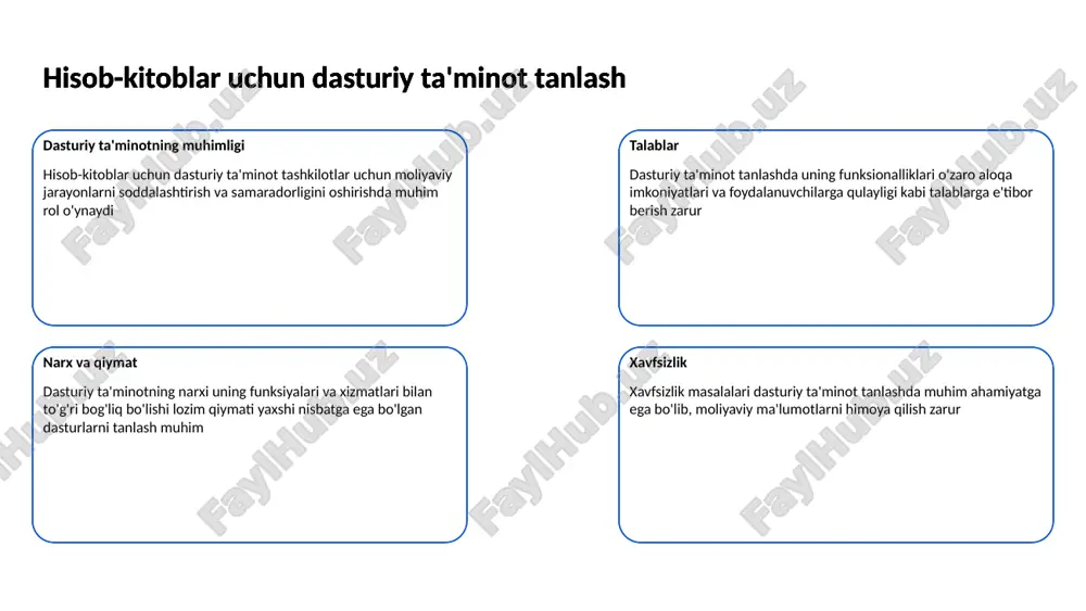 iyaviy holatni baholashda yordam beradi. buxgalteriya hisobi va soliq qonunchiligi kompaniya faoliyati va soliq hisobi kompaniya faoliyatida soliqlarni hisoblash va to'lash juda muhimdir. soliq hisobi to'g'ri va o'z vaqtida bajarilishi kerak. bu nafaqat qonunlarga rioya qilish, balki kompaniyaning moliyaviy barqarorligini ta'minlash uchun zarurdir. 6 auditorlik nazorati va uning ahamiyati auditorlik nazoratining asoslari auditorlik nazorati moliyaviy hisob-kitoblarni tahlil qilish va tasdiqlash jarayonidir auditorlik nazorati va uning ahamiyati ishtirokchilar uchun xavfsizlik auditorlik nazorati moliya bozoridagi ishtirokchilar uchun xavfsizlik yaratadi va ishonchni oshiradi auditorlik nazorati va uning ahamiyati hisob-kitoblarning aniqligi barcha hisob-kitoblarning aniqligi auditorlik nazorati orqali ta'minlanadi auditorlik nazorati va uning ahamiyati 7 hisob-kitoblar uchun standartlar va qoidalar hisob-kitoblarning ahamiyati hisob-kitoblar moliyaviy holatni aniqlash va tahlil qilish uchun muhim hisoblanadi. ular kompaniyaning faoliyatini va rentabelligini baholashda qo'llaniladi. hisob-kitoblar uchun standartlar va qoidalar standartlar va qoidalar moliyaviy hisobotlarni tayyorlashda xalqaro hisob standartlariga amal qilish zarur. bu hisob-kitoblar sifatini oshiradi va foydalanuvchilar uchun ishontiradi. hisob-kitoblar …