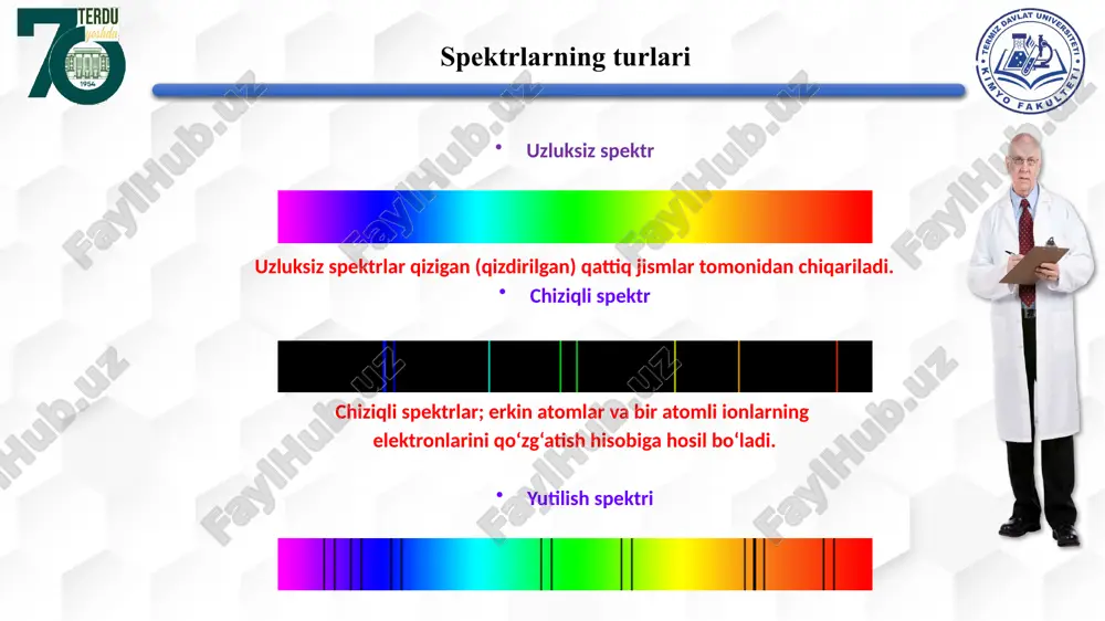 kazish uchun unga 1,9 ev energiya berish kerak. elektron bu sathdan qaytib 2s sathga o‘tganda o‘zidan elektromagnit nur (yorug‘lik) chiqaradi. bu o‘tish natijasida chiqariladigan yorug‘likning to‘lqin uzunligini hisoblaymiz. formuladan . bu yerda s –yorug‘likning vakuumdagi tezligi, 299792456 m/s, h -plank doimiysi, 6,6260755*10-34 j*s, 1 ev=1,60217733*10-19 j. bu kattaliklarni formuladagi o‘rniga qo‘yib ning qiymatini hisoblaymiz. atomlash manbai t, 0c namunaning holati (mass. %) nisbiy standart chetlanish 1) alanga 2) elektr yoyi 3) elektr uchquni 4) induktiv bog’langan plazma 1500-3000 3000-7000 10000-12000 6000-10000 eritma qattiq qattiq eritma 10-7-10-2 10-4-10-2 10-3-10-1 10-8-10-2 0,01-0,05 0,1-0,2 0,05-0,1 0,01-0,05 atom-emissiya spektroskopiyasida ishlatiladigan atomlash va qo‘zg‘atish manbalalarining asosiy turlari atom-emissiya spektroskopiya usuli erkin atomlarni yoki atom ionlarini, issiqlik ta’sirida qo‘zg‘atishga va qo‘zg‘algan atomlar chiqargan optik spektrni qayd qilishga asoslangan. ba’zi elementlarning chiziqli spektrlari spektr chiziqlarini xarakterlovchi kattaliklar temir spektrining binafsha rangli qismini ko‘rinishi. 1. chiziqning spektrdagi joyi nanometr (nm) yoki angstremlarda (a). i imax imax/2 1 max …