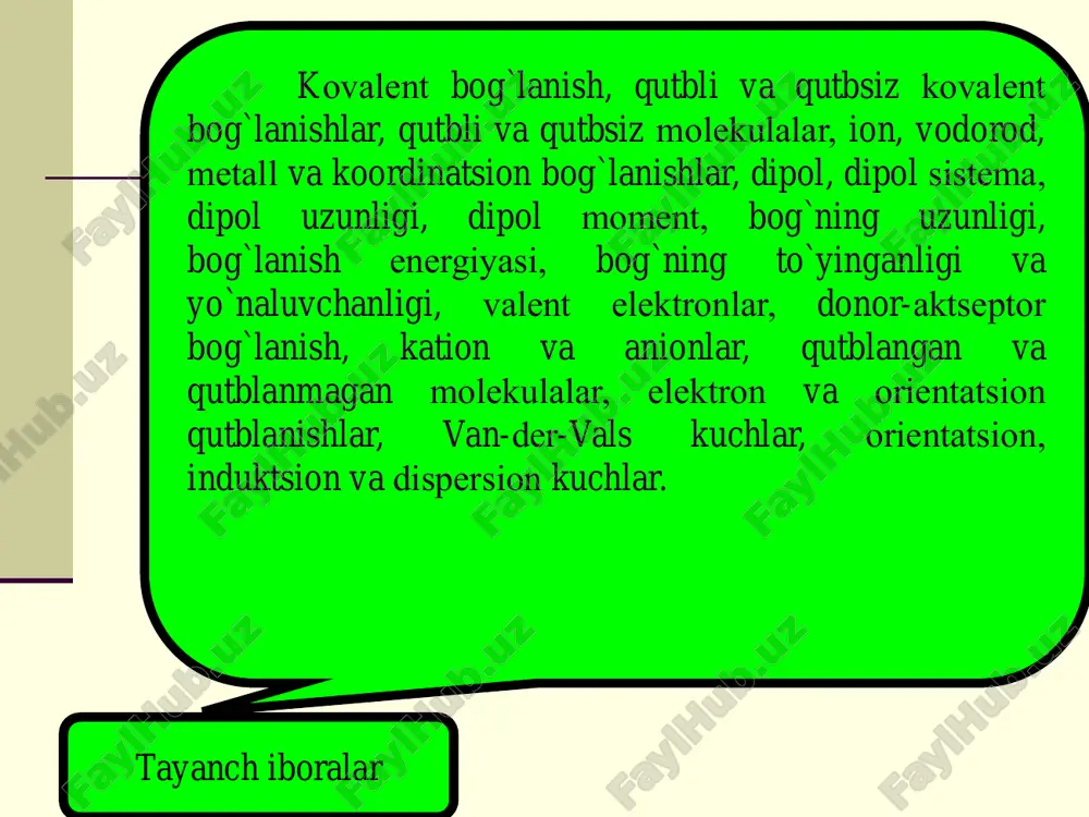 ion kuchlar, kabi tayanch tushunchalarning mazmun-mohiyati bo`yicha nazariy bilimlarga ega bo`ldik. ushbu nazariy bilimlarni mavzu bo'yicha amaliy mashg`ulotlarda mustahkamlab boramiz. bundan tashkari , , d,  delta boglanish xam mavjud.