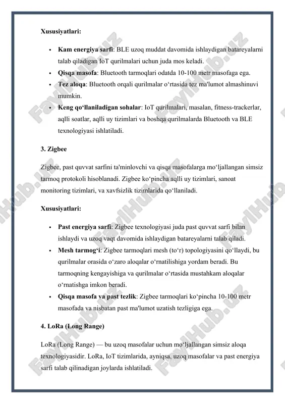 fada ham ishlashi mumkin. xususiyatlari: · uzoq masofa: nb-iot qurilmalari uzoq masofalarga (yigirma kilometrgacha) uzatish imkoniyatiga ega. · kam energiya sarfi: nb-iot texnologiyasi energiya samaradorligini ta'minlaydi va qurilmalarning uzoq vaqt davomida ishlashini kafolatlaydi. · yuqori uzatish tezligi emas: nb-iot yuqori tezlikda ma'lumot uzatishni qo‘llab-quvvatlamaydi, lekin kichik ma'lumotlar paketlarini samarali uzatish uchun juda mos keladi. 6. cellular (mobil tarmoqlar) mobil tarmoqlar (2g, 3g, 4g, va 5g) iot tizimlarida keng qo‘llaniladi, ayniqsa, mobil aloqa kerak bo‘ladigan holatlarda. 5g texnologiyasi, ayniqsa, yuqori tezlikda ma'lumot uzatish va katta hajmdagi qurilmalarga xizmat ko‘rsatish uchun mo‘ljallangan. xususiyatlari: · keng qamrov hududi: mobil tarmoqlar global tarmoqlarga ulanib, ulkan qamrov hududiga ega. · tezkor ma'lumot uzatish: 5g va 4g tarmoqlari yuqori tezlikda ma'lumotlar uzatishga imkon beradi, bu esa real vaqt tizimlari va katta hajmdagi iot qurilmalarini qo‘llab-quvvatlaydi. · yuqori energiya sarfi: mobil tarmoqlar, ayniqsa 5g, yuqori energiya sarfini talab qiladi. 7. 6lowpan (ipv6 over low power wireless personal …