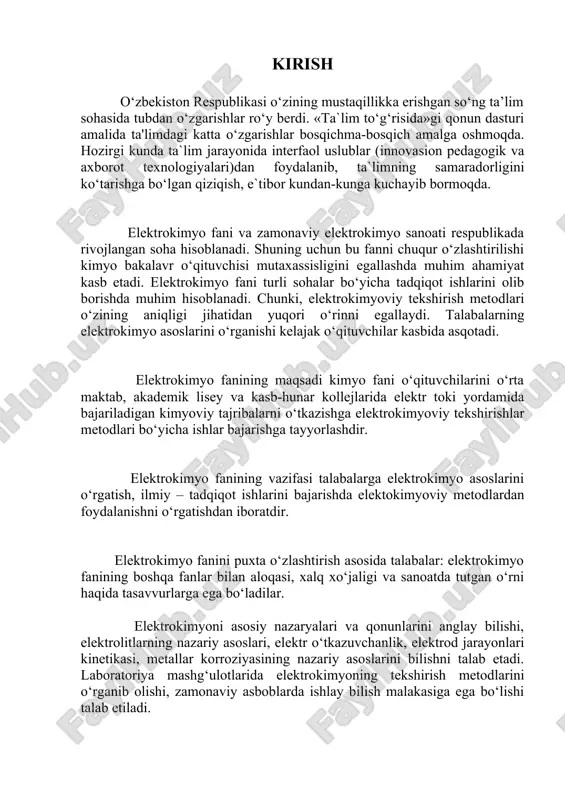 ivojlanishi bo‘yicha umumiy ma’lumotga ega bo‘ladilar; - o‘zbekistonda elektrokimyo bo‘yicha qilingan ishlar bilan tanishadilar ta`lim berish usullari kirish-ma’ruza, “aqliy hujum” metodi. ta`lim berish shakllari ommaviy, jamoaviy, individual ta`lim berish vositalari komp`yuter, ekran, proektor, doska ta`lim berish sharoiti taqdimotlarni amalga oshirish imkoniga ega bo‘lgan auditoriya monitoring o‘z-o‘zini nazorat, savol-javob va baholash. elektrokimyo fani va uning mohiyati, rivojlanishi metallar va yarim o‘tkazgichlarning tuzilishini, shuningdek ularning elektr o‘tkazuvchanligini o‘rganish fizikaning ob’ekti hisoblanib, buni kimyo o‘rganmaydi. elektrokimyoning o‘rganish ob`ekti - bu ionli sistemalar (ikkinchi tur o‘tkazgichlar) va fazalar orasidagi chegara sirtda yuz beradigan hodisalarni fazalar chegarasining strukturasi va zaryadlangan zarrachalarni tashib o‘tish mexanizmi nuqtai nazardan ko‘rib chiqishdir. shunday qilib, elektrokimyo– bu kimyo fanlarining bo‘limi bo‘lib, bu fanda ionli sistemalarning fizik-kimyoviy xossalari o‘rganiladi, shuningdek zaryadlangan zarrachalar (elektronlar yoki ionlar) ishtirokida fazalar sirti chegarasi yuzasidagi jarayonlar va hodisalarni o‘rganadi. elektrokimyoviy sistemalarga tokning kimyoviy manbalari (gal’vanik elementlar) va elektroliz amalga oshiriladigan elektrolit vannalar kiradi. elektr tokining manbalari- …