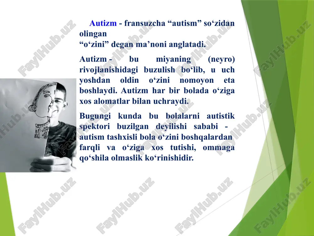 elajakda ko'z bilan aloqa o'rnatish juda qiyin - bola ko'zlarini yashiradi, doimo uzoqqa qaraydi. -ko'pincha bola atrofdagi odamlarga qaraganda ko'proq narsalarga qiziqadi. -bunday chaqaloqning yaqinlari bilan muloqoti ham o'ziga xos g'alati jihatlarga ega: u onasini juda kech ajratib olishni boshlaydi yoki hali ham unga e'tibor bermaydi. vaqt o'tib, bu befarqlik ko'pincha onaga patologik bog'lanish bilan almashtiriladi. -notanishlarga munosabat boshqacha. bola begonalarga e'tibor bermaydi va ular u bilan bog'lanishga harakat qilganda, qo'rquv va vahima paydo bo'ladi. -tengdoshlar bilan munosabatlar ham g'ayrioddiy: bola boshqa bolalar nima qilayotgani bilan qiziqadi, lekin u ularning o'yinlarida faol ishtirok eta olmaydi. autizmni eng ko‘p bilingan 4 turi 1. asperger sindromi; 2. bolalarda parchalanish (dezintegratsiya)ning buzilishi; 3. atipik autizm; 4. rett sindromi; asperger sindromi – autizmning bir turi boʻlib, unda aqliy salohiyat saqlanib qoladi, bemor atrofdagilar bilan kam boʻlsa-da gaplashadi, kognitiv funksiyalar yaxshi ishlaydi, aqli zaiflik alomatlari koʻzga tashlanmaydi, ammo ularning atrofdagi odamlarga moslashib ketishlari qiyin kechadi. …