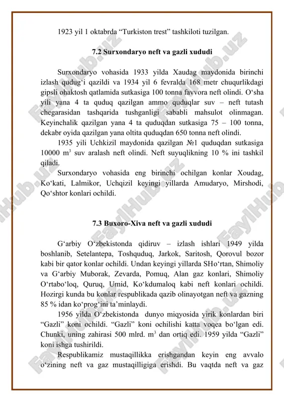 stansiyasidan 100 km shimoli – garbda 1983 yilda ochilgan kon. okchelak maydoni buylab urta osiyo-markaz 30 km sharkda buxoro-ural magistral gazuzatkich kuvurlari utadi. maydon dengiz satxidan 100-155 metr balandlikda joylashgan. okchelak maydonida 1965-1988 yillarda 17 ta burg kudugi kazilgan. gazlilik chegarasi ichida 9 ta kuduk joylashgan. sanoat mikiyosida gazlilik ostki yura va yukori yura yotkiziklari 2834-2576 metr oraliklarda joylashgan. uglevodorodlarning yangi konlarini ustyurt ulkasi katta neft va gaz zaxirali konlarni kidirish uchun istikbolli mintaka sanaladi. 8. quduqlarni geofizik tadqiqot qilish. quduqlarni geofizik tadkik qilish kuyidagi karotaj usullarini o‘z ichiga oladi: -elektrik karotaj; -radioaktiv karotaj; -akustik karotaj; -va boshqa bir qatortadqiqotlar; shuningdek geofizik ishlar qatoriga yana: - quduq ichida olib boriladigan otish-portlatish ishlari; -yonlama gruntonoslar yordamida kern (namuna) olish; -kabelga osilgan namuna olgichlar yordamida yangi quduqlarni sinash. 8.1 elektrik karotajlar elektrik karotaj tog‘ jinslarini ikki asosiy xususiyatini o‘lchash hisobiga amalga oshiriladi: · tog‘ jinslarini o‘z-o‘zidan polyarizatsiyalash potensiallari va paydo bo‘ladigan solishtirma …