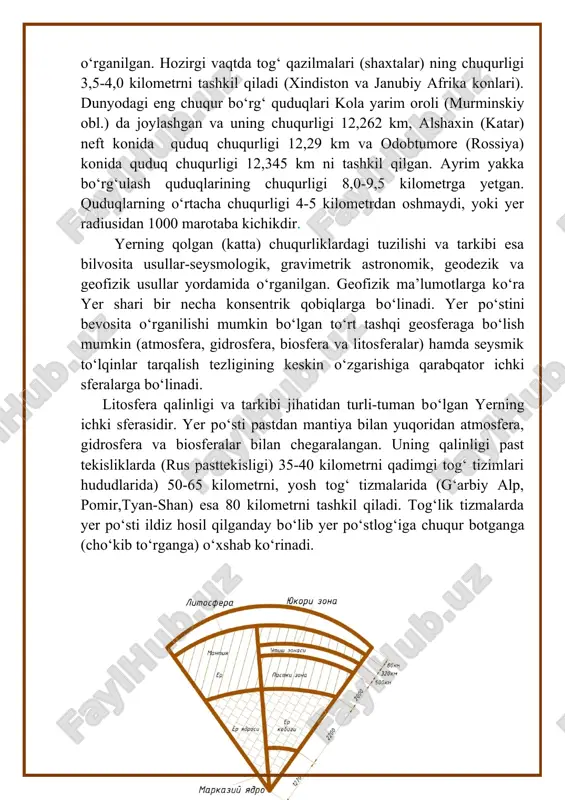 ining ostida yer po‘stining qalinligi 10-15 kilometr. tinch okeanining markaziy qismida 4-6 kilometr yer po‘sti, yer yuzasidan cho‘kindi tog‘ jinslari (gillar, qumlar, qumtoshlar, shag‘allar, gipslar, ohaktoshlar) dan tashkil topgan va qalinligi 15 kilometrgacha bo‘lishi mumkin. qadimiy cho‘kindi jins qatlamlari yer ka’ridagi yuqori harorat va bosim ta’sirida metamorfik tog‘ jinslarini (slanets, marmarlar) hosil qiladi. bu jinslarni ayrim vaqtlarda mustaqil metamorfik qatlamga kiritiladi. pastda (suyuq) suyulgan silikat mahsulot - magmaning sovushidan hosil bo‘lgan magmatik tog‘ jinslari joylashadi. yer po‘stining yuqoriqismida magmatik jinslardan ularning yengil (nordon) turlari "granit" qatlamini hosil qiluvchi jinslar joylashadi. cho‘kindi va granit qatlamlarining tarkibida kislorod (02) kremniy (si) va allyuminiy (al) elementlari keng tarqalgan. cho‘kindi va granit qatlamlarining umumiy qalinligi past tekisliklarda 15-20 kilometr-qadimgi tog‘lar ostida 15-25 kilometr o‘lkan yosh tog‘ tizmalari ostida 50 kilometr, okeanlarning ostida granit qatlamlari bo‘lmaydi. granit qatlami tagida xususiyati jihatidan bazaltga yaqin bo‘lgan tog‘ jinslari yotadi. bunday tog‘ jinslaridan tashkil topgan jins qavatini shartli …