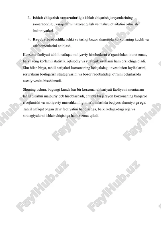 yuklamasi, sof foyda va rentabellik ko‘rsatkichlari tahlil qilinadi. 2. ishlab chiqarish samaradorligi: korxona ishlab chiqarish quvvatlari, ishlab chiqarish xarajatlari, mahsulot rentabelligi va resurslardan foydalanish samaradorligi o‘rganiladi. 3. strategik qarorlarni qo‘llab-quvvatlash: tahlil natijalari asosida investitsiya, moliyaviy va marketing strategiyalari ishlab chiqiladi. 4. ichki va tashqi muhitni baholash: korxonaning ichki jarayonlari, xodimlarning malakasi, texnologik resurslar va tashqi raqobat muhiti tahlil qilinadi. tahlil shuningdek korxonaning moliyaviy barqarorligini oshirish, risklarni aniqlash va ularga qarshi chora ko‘rish, raqobatbardoshligini saqlash va bozor imkoniyatlaridan to‘liq foydalanishni ta’minlaydi. 1.2. korxona faoliyati tahlilining vazifalari korxona faoliyatini tahlil qilishning vazifalari murakkab va ko‘p qirrali bo‘lib, ularning asosiylari quyidagilardan iborat: 1. moliyaviy barqarorlikni baholash · aktivlar va majburiyatlar balansini tahlil qilish orqali korxonaning moliyaviy holatini aniqlash. · likvidlik va qarz yuklamasini o‘rganish orqali qisqa va uzoq muddatli moliyaviy risklarni aniqlash. 2. samaradorlik va rentabellikni tahlil qilish · ishlab chiqarish samaradorligi va xarajatlarni boshqarish tizimini baholash. · mahsulot va xizmatlarning rentabelligini aniqlash, …