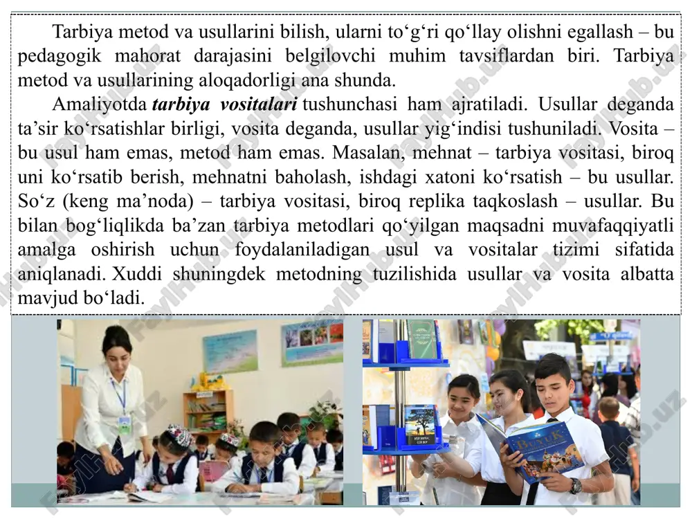 ivojlanishiga, o‘ziga xosligini saqlashga, o‘zining «men»ini amalga oshirishiga imkon beradigan metodlarni qo‘llashga harakat qiladi. 6. tarbiyaviy shart-sharoitlar. unga moddiy, psixofiziologik, sanitar-gigienikdan tashqari sinfda yuzaga keladigan munosabatlar: jamoadagi iqlim, pedagogik rahbarlik usuli va boshqalar tegishlidir.ma’lumki, mavhum shart-sharoitlar bo‘lmaydi, ular hamisha aniq. ularni birlashuvi aniq holatlarda ko‘rinadi. tarbiya amalag oshadigan sharoit pedagogik vaziyatlar nomini oldi. 7. tarbiya vositalari. tarbiya metodlari tarbiya jarayonining tarkibiy qismlari sifatida yuzaga chiqadigan tarbiya vositalaridan tashkil topadi. metodlar ular bilan mustahkam bog‘langan va birgalikda qullaniladigan boshqa tarbiya vositalari ham mavjud. masalan, metodlarni samarali qo‘llanilishi uchun zaruriy yordam beruvchi ko‘rgazmali qo‘llanmalar, tasviriy san’at asarlari va musiqa san’ati, ommaviy axborot vositalari. 8. pedagogik malakani egallaganlik darajasi. tarbiyachi odatda faqat o‘zi biladigan va qo‘llashni egallagan metodlarni tanlab oladi. ko‘plab metodlar murakkab bo‘lganligi bois, o‘kituvchida ko‘p kuch ishlatishni talab etadi. bunday mas’uliyatdan bo‘yin tovlaydigan pedagoglar ularsiz faoliyatni tashkil etishga harakat qiladi. natijada turli obrazli, xilma-xil maqsad, vazifa, sharoitlardan kelib chiqib metodlardan foydalanishga …
