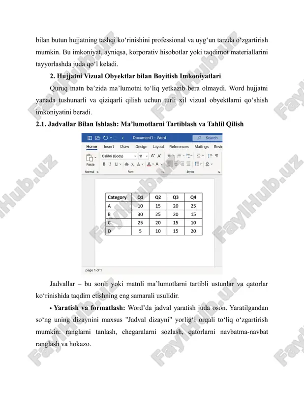a’lumotlarni tartibli ustunlar va qatorlar ko‘rinishida taqdim etishning eng samarali usulidir. · yaratish va formatlash: word’da jadval yaratish juda oson. yaratilgandan so‘ng uning dizaynini maxsus "jadval dizayni" yorlig‘i orqali to‘liq o‘zgartirish mumkin: ranglarni tanlash, chegaralarni sozlash, qatorlarni navbatma-navbat ranglash va hokazo. · hisob-kitoblar: word jadvallari hatto oddiy matematik amallarni (yig‘indi, o‘rtacha qiymat) bajarish imkoniyatiga ham ega. bu kichik hisob-kitoblar uchun excel dasturiga o‘tish zaruratini yo‘qotadi. 2.2. grafik va illyustrativ elementlar (rasmlar, shakllar, smartart) vizual elementlar matnni jonlantiradi va murakkab g‘oyalarni soddalashtiradi. · rasmlar va shakllar: hujjatga kompyuterdan yoki internetdan rasmlar qo‘shish, shuningdek, turli geometrik shakllar, chiziqlar va strelkalar chizish mumkin. word’dagi matnni rasm atrofida avtomatik aylantirib joylashtirish (text wrapping) imkoniyati sahifa maketini yaratishda katta qulaylik tug‘diradi. · smartart: bu – word’ning eng ta’sirchan vositalaridan biridir. u murakkab ma’lumotlarni, masalan, tashkiliy tuzilmani, biror jarayonning bosqichlarini yoki siklik munosabatlarni chiroyli va tushunarli grafik sxemalar ko‘rinishida taqdim etish imkonini beradi. tayyor shablonlardan birini …