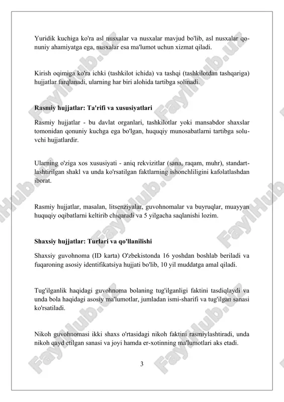 idalarni o'rnatadi, spetsifikatsiyalar esa aniq talablarni belgilaydi, bu 2 ta hujjat birgalikda mahsulotning sifatini kafolatlaydi. ilmiy hujjatlar: maqolalar va dissertatsiyalar ilmiy maqolalar, odatda, dissertatsiyalarga qaraganda qisqaroq bo'lib, 3 000 dan 10 000 so'zgacha bo'lishi mumkin, muayyan tadqiqot savoliga qaratilgan konsentrlangan dalillarni taqdim etadi. dissertatsiyalar 80 000 dan 100 000 so'zgacha bo'lishi mumkin, ilmiy daraja olish uchun bajariladigan keng qamrovli tadqiqot ishidir va yangi bilimlarni o'z ichiga oladi. maqolalar ko'pincha tengdoshlar tomonidan ko'rib chiqilgan jurnallarda chop etiladi, dissertatsiyalar esa universitet arxivlarida saqlanadi va ba'zi hollarda kitob shaklida nashr etilishi mumkin. elektron hujjatlar: raqamli imzo va xavfsizlik elektron hujjatlardagi raqamli imzo, xavfsizlikni ta'minlash uchun 2048-bitli kalitlar yordamida kriptografik algoritmlar asosida hujjatning autentifikatsiyasini va yaxlitligini kafolatlaydi. elektron hujjatlarning xavfsizligini oshirish uchun ikki faktorli autentifikatsiya (2fa) tizimi qo'llaniladi, bunda foydalanuvchi id va parol bilan birga sms kodini kiritishi talab etiladi. elektron hujjatlarni himoya qilishda blockchain texnologiyasi qo'llanilishi mumkin, bunda har bir o'zgartirish 256-bitli xesh …