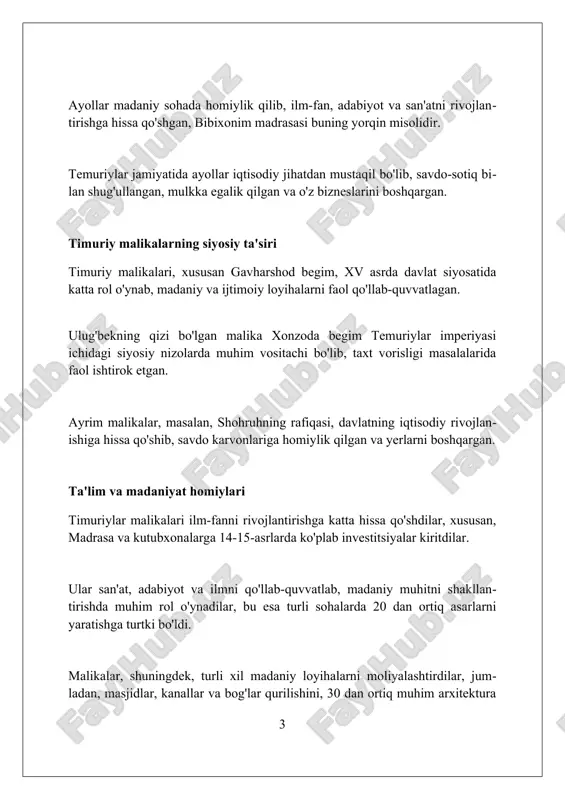 alan, uning 1370-yilda saroy mulk xonimga uylanishi, chigʻatoy ulusiga legitimlikni mustahkamlagan. me'morchilik va san'atga qo'shgan hissasi timuriylar malikalari masjid, madrasa kabi ko'plab monumental binolarning qurilishiga homiylik qildilar, ularning loyihalashtirishda o'z hissalarini qo'shdilar. ular qimmatbaho qo'lyozmalarni yaratishni rag'batlantirib, kitoblarning bezaklanishi, xattotlik va miniatyura san'atining rivojlanishiga katta hissa qo'shdilar. malikalar san'at va hunarmandchilikni, xususan to'qimachilik, kashtachilik kabi sohalarni qo'llab-quvvatlab, yuqori sifatli mahsulotlarning yaratilishiga sharoit yaratdilar. vaqf mulklari va ijtimoiy faoliyat vaqf mulklari, xususan, yerlar va karvonsaroylar, temuriylar davrida ijtimoiy infratuzilmani rivojlantirishga katta hissa qo'shgan, 10-15% daromad xayriya ishlarga yo'naltirilgan. timuriy malikalari masjidlar, madrasalar va shifoxonalar qurish uchun ko'plab vaqf mulklarini ta'sis etganlar, ularning 20 dan ortig'i xv asrga oid yozma manbalarda qayd etilgan. vaqf mulklari orqali amalga oshirilgan ijtimoiy faoliyat kambag'allarga yordam berish, ta'limni qo'llab-quvvatlash va yo'lovchilarga xizmat ko'rsatish kabi muhim sohalarni qamrab olgan, 3 asosiy yo'nalishga e'tibor qaratilgan. malikalarning adabiy merosi va homiyligi malikalar shoirlar va olimlarga homiylik qilib, ularning 14 …
