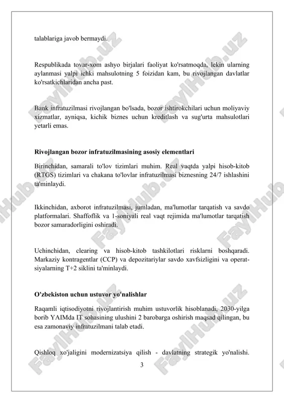 . logistika markazlarini integratsiyalash orqali bojxona rasmiylashtiruvini 48 soatdan 24 soatgacha qisqartirish, bu esa eksport-import operatsiyalarini tezlashtiradi va xarajatlarni kamaytiradi. axborot-kommunikatsiya texnologiyalari (akt) infratuzilmasini kengaytirish 2023-yilda 'raqamli vodiy' texnologik parkini kengaytirish rejalashtirilgan bo'lib, u 500 dan ortiq it-kompaniyalarini jalb qilib, akt sohasida yangi ish o'rinlarini yaratadi. o'zbekiston respublikasi bo'ylab 1200 dan ortiq yangi mobil aloqa baz stansiyalari qurilishi rejalashtirilgan, bu esa 4g qamrovini 95% dan oshirishga yordam beradi. 2024-yilgacha davlat xizmatlarining 80% dan ortig'ini elektron shaklga o'tkazish, shu jumladan yagona interaktiv davlat xizmatlari portali orqali, maqsadga erishish ko'zda tutilgan. energetika infratuzilmasini modernizatsiya qilish energetika infratuzilmasini modernizatsiya qilish 2030-yilgacha elektr energiyasi ishlab chiqarishni 25% ga oshirish, qayta tiklanuvchi energiya manbalarini rivojlantirishni o'z ichiga oladi. elektr uzatish tarmoqlarini modernizatsiya qilishda raqamli texnologiyalardan foydalanish, masalan scada tizimlari, 30% gacha energiya yo'qotishlarini kamaytirishga yordam beradi. gaz ta'minoti infratuzilmasini yangilashda zamonaviy hisoblagichlar o'rnatish va gaz quvurlarini ta'mirlash orqali gaz yo'qotishlarini kamida 15% ga qisqartirish ko'zda …