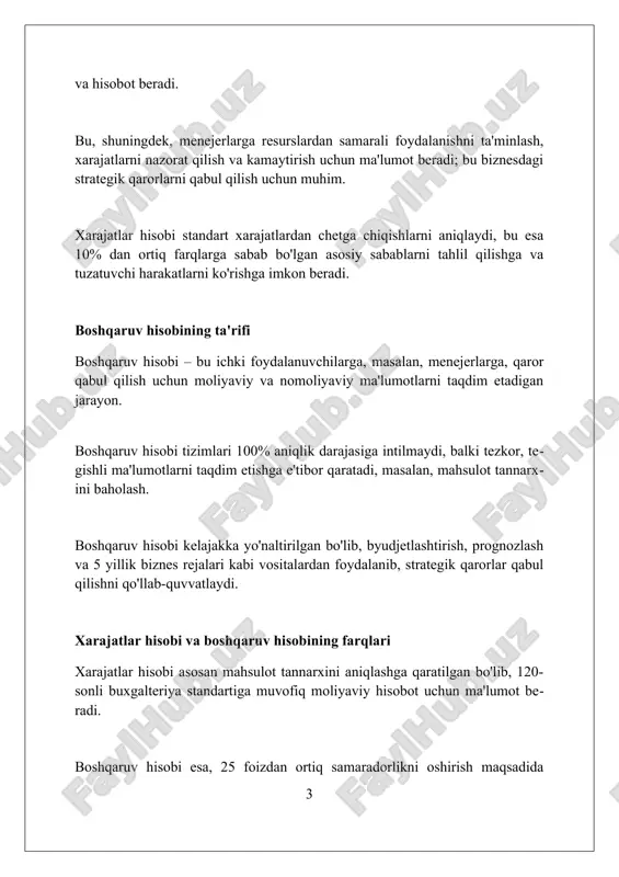 tilishi mumkin. ish haqi xarajatlari, bevosita mehnat va bilvosita mehnatni o'z ichiga oladi; masalan, ishlab chiqarish xodimlarining maoshi 50 million so'mni tashkil qilishi mumkin. ishlab chiqarish xarajatlari (overhead xarajatlar) binolarni ijarasi, amortizatsiya kabi xarajatlarni qamrab oladi; masalan, uskunaning amortizatsiyasi yiliga 10 million so'm bo'lishi mumkin. xarajatlarni tasniflash usullari xarajatlarni xulq-atvoriga ko'ra tasniflash deganda, ularning ishlab chiqarish hajmi o'zgarishi bilan qanday o'zgarishi tushuniladi, masalan, o'zgaruvchan xarajatlar 50% ga oshishi mumkin. xarajatlarni kuzatilishi bo'yicha tasniflashda bevosita xarajatlar 100% aniqlik bilan ob'ektga bog'lanadi, bilvosita xarajatlar esa taqsimlanishi kerak, misol uchun, 20% ofis xarajatlari. mahsulot xarajatlari ishlab chiqarish bilan bog'liq bo'lib, inventarizatsiya qilinadi, davr xarajatlari esa daromad hisobotida darhol tan olinadi, masalan, 30% marketing xarajatlari. xarajatlar hisobi usullari standart xarajatlar usuli, 100% samaradorlik uchun oldindan belgilangan xarajatlarni solishtirish orqali farqlarni aniqlaydi va boshqaruv qarorlari uchun foydali bo'ladi. jarayon xarajatlari usuli ommaviy ishlab chiqarishda qo'llaniladi, har bir jarayon uchun o'rtacha xarajatlarni hisoblab, keyin mahsulot birligiga …