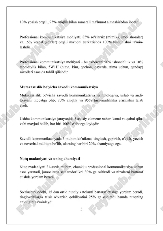 esa manzilni yashiradi, maxfiylikni ta'minlaydi. og'zaki kommunikatsiya ko'nikmalari og'zaki kommunikatsiya ko'nikmalari 7% verbal element, 38% vokal va 55% tana tilidan iborat. bu nisbat tinglovchilarga ta'sir kuchini ko'rsatadi. muloqotda 'aktiv tinglash' texnikasi muhim; bunda ma'ruzachining so'zlarini 80% diqqat bilan tinglash va 20% savollar berish kerak. og'zaki nutqda 'meta-xabar'lar, ya'ni so'zlarning ortidagi ma'no, tinglovchi tomonidan 93% holatda seziladi va munosabatga ta'sir qiladi. no verbal kommunikatsiya nonverbal aloqa 60-65% gacha bo'lgan xabarlarni yetkazadi, bu so'zlar bilan yetkazilgan ma'lumotdan sezilarli darajada ko'pdir. masalan, yuz ifodalari va tana tili muhim rol o'ynaydi. proksemika, shaxsiy makonni o'rganish, madaniyatlar bo'yicha farq qiladi. masalan, aqshda shaxsiy makon 1,5 metrgacha bo'lishi mumkin, ammo ba'zi madaniyatlarda kamroq. kinezika, tana harakatlari, imo-ishoralar va pozitsiyalarni o'z ichiga oladi. qo'llarni kesish himoyalanishni bildirishi mumkin, lekin kontekstni hisobga olish 90% muhimdir. professional jargon va uning o'rni professional jargonning o'rni: muayyan sohalarda samarali muloqot uchun qisqa, aniq atamalar ishlatiladi, bu vaqtni tejaydi, masalan, it sohasida …