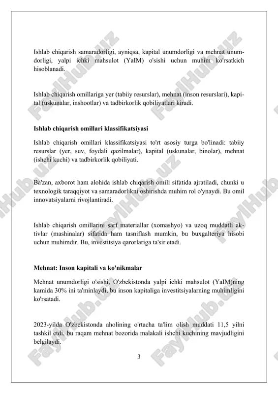 va biznes jarayonlarini optimallashtirishni o'z ichiga oladi. tadbirkorlik faoliyatida risklarni qabul qilish yangi mahsulotlarni ishga tushirish (muvaffaqiyat ehtimoli odatda 30-40%) va yangi bozorlarga kirish kabi qarorlarni o'z ichiga oladi. innovatsion tadbirkorlik mamlakatning yalpi ichki mahsulotiga (yaim) sezilarli ta'sir ko'rsatadi, chunki 2022-yilda innovatsion sohalar yaimning o'sishiga 1,5-2% hissa qo'shgan. mehnat unumdorligi: ta'rif va o'lchash mehnat unumdorligi, odatda, bir ishchi tomonidan bir soatda, kunda yoki yilda ishlab chiqarilgan tovarlar yoki xizmatlar hajmi bilan o'lchanadi. mehnat unumdorligini o'lchashda, real yaimning bandlikka nisbati kabi makroiqtisodiy ko'rsatkichlar ishlatiladi, bu esa iqtisodiyotning unumdorlik darajasini aks ettiradi. mehnat unumdorligi darajasini baholashda ishlab chiqarish samaradorligini oshirish maqsadida, xodimlar malakasi va texnologiya rivojlanishining roli muhim ahamiyatga ega. mehnat unumdorligiga ta'sir etuvchi omillar texnologik taraqqiyot mehnat unumdorligini oshiradi, yangi uskunalar va avtomatlashtirish 20-30% gacha ishlab chiqarish samaradorligini ta'minlaydi. xodimlarning malakasi va ta'lim darajasi muhim, yaxshi o'qitilgan ishchi kuchi unumdorlikni 15-25% ga ko'tarishi mumkin. ish motivatsiyasi va ish muhiti ham ta'sir …