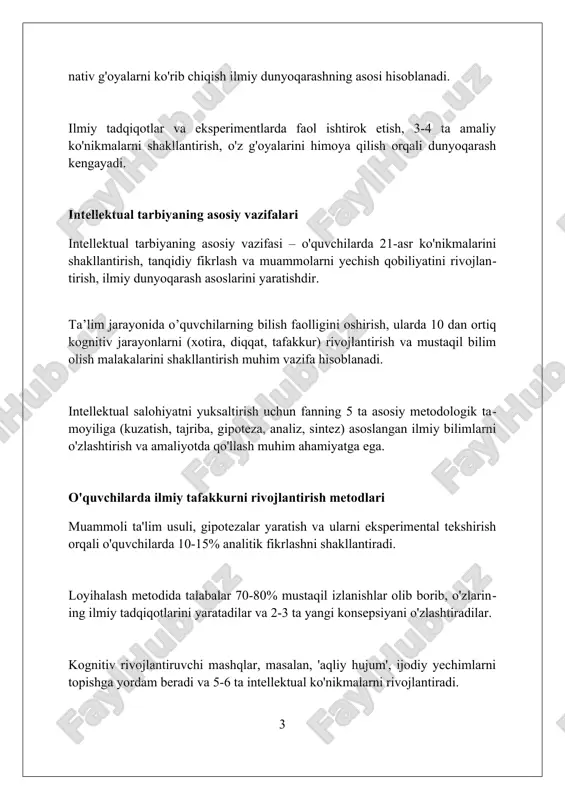 irishga, kasalliklarni davolash imkoniyatlarini kengaytirishga va global sog'liqni saqlash ko'rsatkichlarini yaxshilashga yordam beradi. texnologik innovatsiyalar, masalan, 5g aloqa va sun'iy intellekt (ai), korxonalar samaradorligini oshiradi, raqamli transformatsiyani tezlashtiradi va iqtisodiyotda raqobatbardoshlikni ta'minlaydi. ilmiy bilimlarni amaliyotda qo'llash ilmiy bilimlarni amaliyotda qo'llash muhandislikda katta rol o'ynaydi, masalan, qurilishda betonning mustahkamligini hisoblashda aniq formulalardan foydalanish. qishloq xo'jaligida mineral o'g'itlardan foydalanish, tuproq unumdorligini oshirish uchun ilmiy tahlil natijalariga asoslanadi, hosildorlikni 20-30% ga ko'paytiradi. tibbiyotda farmatsevtika preparatlarini yaratishda kimyoviy reaksiyalar va biologik jarayonlar haqidagi bilimlar qo'llaniladi, preparatning samaradorligi 95% gacha bo'lishi mumkin. ilmiy tadqiqot ko'nikmalarini o'rgatish ilmiy tadqiqot ko'nikmalarini o'rgatishda 7 qadamli tadqiqot usuli, ma'lumot to'plash, analiz qilish va xulosalar chiqarishni o'z ichiga oladi, bu muhim qobiliyatdir. talabalarga ilmiy adabiyotlarni tanqidiy baholash, bibliografik ma'lumotlarni to'g'ri yozish va kamida 3 ta manbadan foydalanish o'rgatiladi. tadqiqot metodologiyalari, jumladan eksperimental dizayn va statistik tahlil (p-qiymat 0.05), asosiy tushunchalarni tushuntirish orqali singdiriladi. axborot savodxonligini oshirish axborot savodxonligini oshirish, talabalarga …