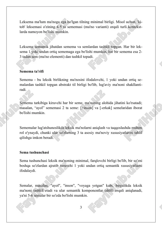 semalarning yig'indisi sifatida ko'riladi, bu esa uning ko'p qirraliligini tushunishga yordam beradi. sememik tuzilish deganda, leksemaning semalardan tashkil topgan ichki ma'no arxitekturasi tushuniladi, bunda 3-4 ta asosiy semalar dominant rol o'ynaydi va boshqa semalar ularni to'ldiradi. leksemaning semantik tabiati: misollar "yuz" leksemasi ko'p sememlarga ega, masalan, "odamning oldingi qismi" (1-sememe) va "biror narsaning oldingi qismi" (2-sememe), kontekstga qarab farqlanadi. "bosh" leksemasi "insonning boshi" (1-sememe) ma'nosidan tashqari, "tashkilotning rahbari" (2-sememe) kabi metaforik sememlarga ham ega, bu 3-semantik darajani ko'rsatadi. "oyoq" leksemasi "inson a'zosi" (1-sememe) va "stolning tayanchi" (2-sememe) sememlariga bo'linishi mumkin, ularning semantik tarkibi turli semalardan (masalan, harakat, tayanch) iborat. kontekstning roli kontekst, 1970-yillardan boshlab, semantika va leksikografiyada leksik ma'nolarni aniqlashda hal qiluvchi omil sifatida qaraladi, chunki so'zning qaysi ma'nosi qo'llanilishini aniq ko'rsatadi. kontekst roli so'zlarning semantik dispersiyasini tushunishda muhim ahamiyatga ega, chunki u bir so'zning turli xil kontekstlarda 2 yoki undan ortiq ma'nolarga ega bo'lishini, ya'ni polisemiyani ko'rsatib beradi. strukturaviy …