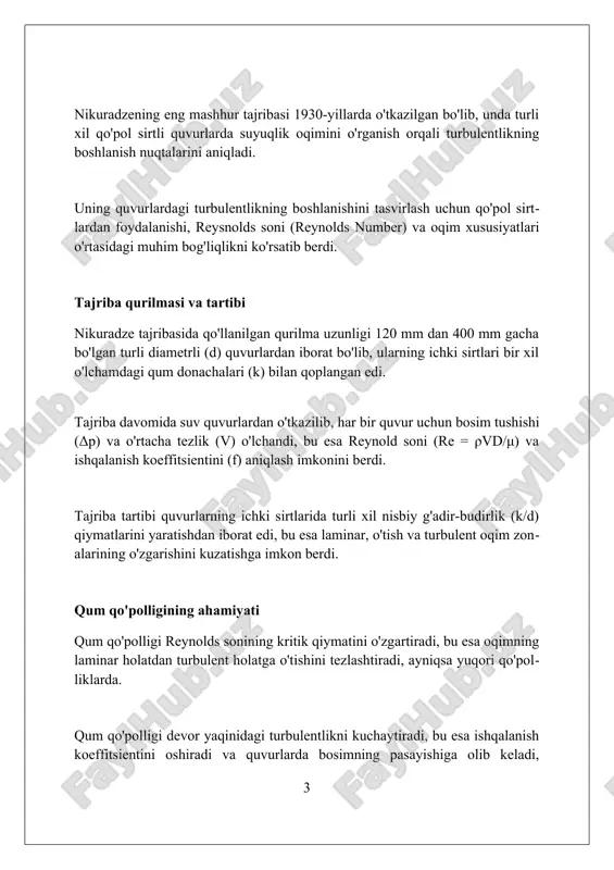 a. laminar oqim zonasi laminar oqim zonasi reynolds soni (re) 2300 dan past boʻlgan suyuqlik harakatini ifodalaydi, bu yerda suyuqlik qatlamlari bir-biriga aralashmasdan, silliq parallel yoʻllar boʻylab harakatlanadi. laminar oqimda suyuqlikning viskozitesi (ichki ishqalanish) asosiy rol oʻynaydi va bosimning pasayishi hagen-puazeyl qonuni orqali aniqlanadi, bu diametri (d) va uzunligi (l) bilan bog'liq. laminar oqim zonasi uchun ishqalanish koeffitsienti (f) reynolds soniga (re) teskari proportsionaldir (f = 64/re, dumaloq quvurlar uchun), bu esa oqimning barqaror va tartibli ekanligini ko'rsatadi. o'tish zonasi o'tish zonasi reynold qonuniyatiga mos kelmaydi. 2300 dan 4000 gacha bo'lgan reynold sonlarida laminar va turbulent oqim o'rtasida beqaror xatti-harakatlar kuzatiladi. o'tish zonasida bosim yo'qotish koeffitsienti (λ) laminar oqimning chiziqli qonuniga bo'ysunmaydi va to'liq turbulent oqimga xos bo'lgan gidravlik qarshilikning to'liq rivojlanishini ko'rsatmaydi. ushbu oraliqda oqim tabiatini aniqlash juda qiyin, chunki u trubaning kirish qismidagi buzilishlarga va sirtning g'adir-budurligiga juda sezgir; kichik o'zgarishlar oqim turini keskin o'zgartirishi mumkin. turbulent oqim …