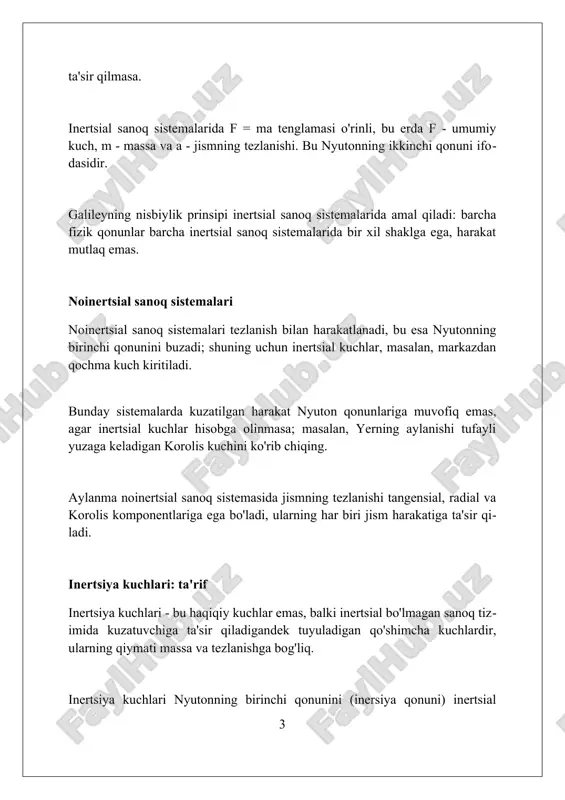 ob'ektga ta'sir qiluvchi inertial kuch. uning yo'nalishi burchak tezligi vektoriga va ob'ektning tezligiga perpendikulyar. agar aylanuvchi mos yozuvlar tizimining burchak tezligi o'zgarsa, euler kuchi paydo bo'ladi. bu kuch, ayniqsa, turbinalar yoki aylanma mashinalar kabi texnik ilovalarda muhim. euler kuchining matematik ifodasi -m(dω/dt × r), bu yerda 'm' - massa, 'dω/dt' - burchak tezlanishi, 'r' - ob'ektning pozitsiya vektori. u har doim obyektga ta'sir etadi. inertsiya kuchlarining matematik ifodasi inertsiya kuchlari, fizikada, *f* = -*ma* formula bilan ifodalanadi, bu yerda *f* inertsiya kuchi, *m* massa, *a* esa noinertsal sanoq sistemasining tezlanishidir. minus ishora kuchning yo'nalishi tezlanishga qarama-qarshi ekanligini ko'rsatadi. markazdan qochma kuch, *f* = *mv*²/ *r* kabi ifodalanadi, bu yerda *m* massa, *v* chiziqli tezlik, *r* aylanish radiusidir. bu kuch aylanma harakatdagi jismning o'qdan uzoqlashish tendensiyasini tavsiflaydi. koriolis kuchi *f* = -2*m*(ω × *v*) formula bilan aniqlanadi, bu yerda *m* massa, ω burchak tezligi vektori va *v* tezlik vektoridir. bu kuch …
