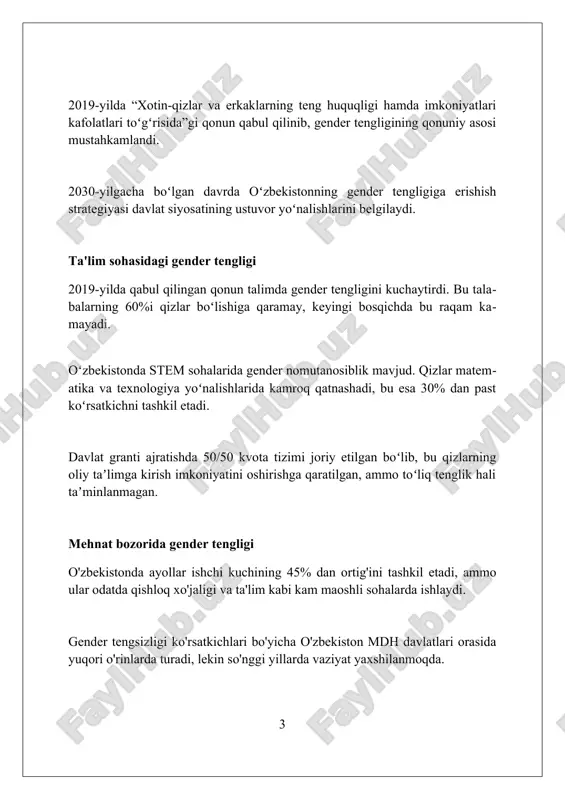 publikasi mehnat kodeksining 241-moddasiga muvofiq, xotin-qizlarning ish haqi erkaklarniki bilan teng bo'lishi kafolatlanadi, ammo amalda bu ko'rsatkich 17% pastroq. gender stereotiplari va madaniyat ko'pgina o'zbek oilalarida o'g'illar 7 yoshdan boshlab oilaviy biznesni meros qilib olishga tayyorlanadilar, qizlar esa uy ishlariga ko'proq e'tibor berishga yo'naltiriladi. an'anaviy o'zbek madaniyatida qizlarning 18 yoshga to'lishi muhim voqea bo'lib, ular kelajakda yaxshi ona va uy bekasi bo'lishga tayyorlanishi kerak. o'zbekistonda 50% dan ortiq aholi ayollar bo'lishiga qaramay, 2023-yilgi ma'lumotlarga ko'ra, siyosiy lavozimlarda ularning ulushi 30% dan kamroqni tashkil etadi. sog'liqni saqlash sohasida gender tengligi o'zbekistonda ayollarning sog'lig'i ko'rsatkichlari yaxshilangan bo'lsa-da, 2023-yilgi ma'lumotlarga ko'ra, reproduktiv salomatlik xizmatlaridan foydalanishda qishloq va shahar o'rtasida tafovutlar mavjud. ayollarning sog'lig'ini muhofaza qilish uchun 2019-yilda qabul qilingan 630-sonli qaror ularning onalik huquqlarini himoya qilish, shuningdek, oilaviy zo'ravonlik qurbonlariga tibbiy yordam ko'rsatishni maqsad qiladi. 2021-yilgi tadqiqotlarga ko'ra, o'zbekistonda tibbiyot xodimlarining 70 foizdan ortig'ini ayollar tashkil etsa-da, boshqaruv lavozimlarida ularning soni erkaklarnikidan kamroqdir. …