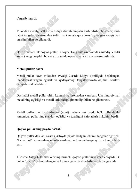 rt bo'lib xizmat qiladi, bu orqali biz aktivlar, majburiyatlar va kapitalning umumiy qiymatini aniq hisoblay olamiz. ayirboshlash vositasi sifatida pul pul, ayirboshlash vositasi sifatida, tovarlar va xizmatlar qiymatini ifodalash uchun universal ekvivalent bo'lib, bitimlarni soddalashtiradi va 100 aqsh dollari ekvivalentini o'lchash imkonini beradi. ayirboshlash vositasi sifatida pul xarajatlarni kamaytiradi, savdo hajmini oshiradi. masalan, 1000 dona mahsulotning qiymatini aniq belgilash orqali barterdagi qiyinchiliklarni bartaraf etadi. pulning ayirboshlash funksiyasi tovarlarni sotish va sotib olish imkonini beradi. misol uchun, 5000 so'mga non sotib olish operatsiyasi bu funksiyaning amaliy ko'rinishidir. to'lov vositasi sifatida pul to'lov vositasi sifatida pul, mahsulot va xizmatlar uchun 100 so'mlik kupyura yoki elektron pul o'tkazmalari kabi to'lovlarni amalga oshirish imkonini beradi. pulning to'lov vositasi sifatidagi roli kredit operatsiyalarini osonlashtiradi, masalan, 12 oylik muddatga foizsiz to'lov asosida xaridlarni amalga oshirish. xalqaro savdoda, pul valyuta ayirboshlash orqali to'lovlarni amalga oshirish imkonini beradi, misol uchun, 1000 aqsh dollarini so'mga konvertatsiya qilish. jamg'arish vositasi …