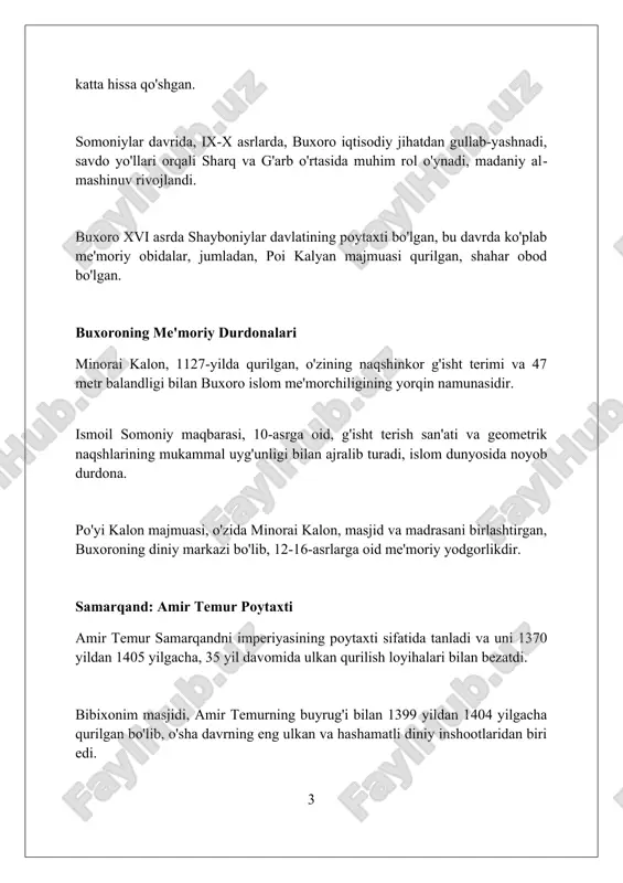an, u yerda milliy hunarmandchilikning 20 dan ortiq yo‘nalishlari namoyish etiladi. ipak yo'lining ahamiyati va ta'siri ipak yo'li nafaqat tovarlar, balki buddizm, nasroniylik va islom kabi turli dinlar, madaniyatlar, texnologiyalar va g'oyalar almashinuvini ham tezlashtirdi. yo'l bo'ylab savdo shaharsozlikni rivojlantirdi, samarqand va buxoro kabi markazlar tijorat, madaniyat va ilm-fan sohalarida 10 asrdan 13 asrgacha gullab-yashnadi. ipak yo'li global aloqalarni shakllantirib, geografik bilimlarni oshirdi, kartografiyani rivojlantirdi va dunyoning turli qismlari o'rtasida chuqur iqtisodiy bog'liqlikni yaratdi. madaniy meros va an'analar buxoro, samarqand va toshkentda 140 dan ortiq millat vakillari istiqomat qiladi, ularning har biri oʻziga xos urf-odatlari, qoʻshiqlari va raqslarini asrab-avaylab kelmoqda. ipak yo'li shaharlari sifatida, bu shaharlar hunarmandchilik an'analariga ega bo'lib, 100 dan ortiq kasb-hunar turlari avloddan-avlodga o'tib kelmoqda, shu jumladan gilamdo'zlik va kulolchilik. o'zbekistonning 12 ta viloyatidan har yili festival doirasida kelgan 500 dan ortiq qo'shiqchi va raqqoslar o'z an'analarini namoyish etish uchun to'planadi. qadimiy shaharlarning iqtisodiyoti qadimda buyuk ipak …