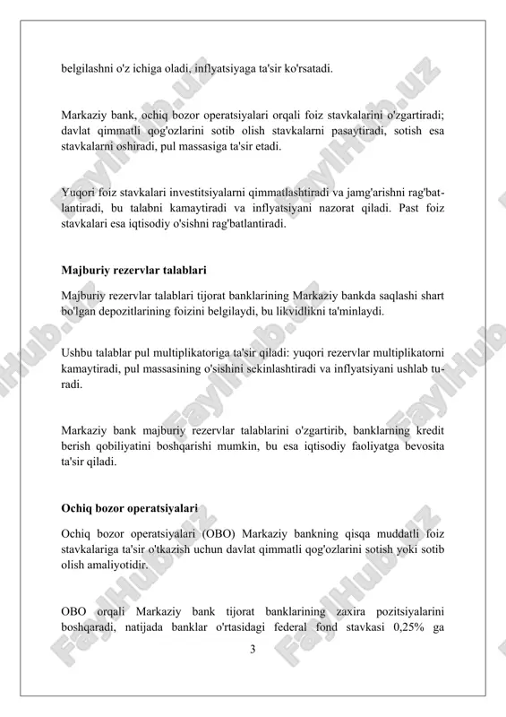 ani jilovlashga qaratilgan siyosat bo'lib, foiz stavkalariga bevosita ta'sir qiladi. ushbu siyosat davlat qimmatli qog'ozlarini sotish, majburiy rezerv normalarini oshirish yoki kreditlash limitlarini belgilash orqali pul massasini qisqartirishga qaratiladi. kreditlashni cheklash, iqtisodiy o'sishni sekinlashtirishi, investitsiyalarni kamaytirishi va ishsizlik darajasini oshirishi mumkin, shuning uchun uni ehtiyotkorlik bilan qo'llash zarur. sifat nazorati sifat nazorati banklar faoliyatida risklarni baholash va boshqarish tizimini takomillashtirishni, jumladan, kredit portfelining sifatini muntazam monitoring qilish orqali amalga oshiriladi. markaziy bank talablarga javob bermaydigan aktivlarga nisbatan prudensial me’yorlarni qo‘llash orqali banklarning investitsiya strategiyalarini nazorat qiladi va aktivlarning sifatini baholaydi. sifat nazorati doirasida markaziy bank kredit tashkilotlarining boshqaruv tizimini, ichki auditini va risklarni boshqarish siyosatini baholab, kamchiliklarni bartaraf etish bo‘yicha ko‘rsatmalar beradi. to'g'ridan-to'g'ri kreditlash to'g'ridan-to'g'ri kreditlashda markaziy bank tijorat banklariga imtiyozli foiz stavkalari bo'yicha maqsadli kreditlar ajratadi, bu esa aniq sohalarni rivojlantirishga qaratilgan 10-15% past foizda. ushbu kreditlash, odatda, davlat dasturlarini moliyalashtirish uchun ishlatiladi, masalan, kichik biznesni qo'llab-quvvatlash yoki qishloq …