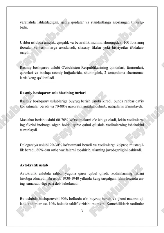 radorlikning pasayishiga olib kelishi mumkin. laissez-faire uslubi 20-asr boshlarida iqtisodiyotda keng qo'llanilgan, ammo hozirda yuqori malakali, o'ziga ishongan jamoalar uchun maqbul hisoblanadi. transformatsion uslub transformatsion uslubda hujjatlar davlat organlari faoliyatini yangilash va optimallashtirish maqsadida innovatsion yondashuvlarni aks ettiradi, bunda 20% gacha resurslarni tejash ko'zda tutilishi mumkin. ushbu uslubda qarorlar tezkor qabul qilinadi, bunda byurokratik to'siqlar bartaraf etiladi va ma'lumotlar 360 gradusli tahlil asosida ko'rib chiqiladi, natijada samaradorlik oshadi. transformatsion uslubda xodimlar o'rtasida 7/24 aloqa o'rnatiladi va shaffoflik ta'minlanadi, bu esa axborot almashinuvini tezlashtiradi va hujjatlarning sifatini 95% gacha yaxshilaydi. strategik uslub strategik uslubda 5-10 yillik uzoq muddatli maqsadlar aniq ifodalanadi, resurslar taqsimoti va muvofiqlashtirish kabi muhim elementlar aks ettiriladi. ushbu uslubda risklarni baholash va ularni kamaytirish strategiyalari ishlab chiqiladi, shuningdek, 360 gradusli monitoring tizimi joriy etiladi. strategik uslubda innovatsiyalarni rag'batlantirish va raqobatbardosh ustunlikni ta'minlash uchun 7 asosiy yo'nalish bo'yicha aniq ko'rsatmalar beriladi. aloqa uslubi "aloqa uslubi" davlat organlari va tashkilotlari …