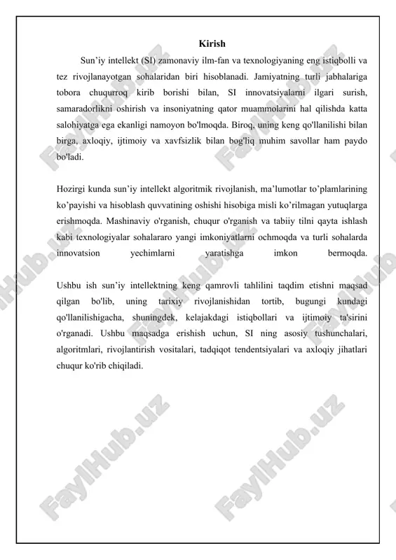 uchun tegishli natijani bashorat qilishga harakat qiladi. nazoratsiz o'rganishda algoritm belgilangan ma'lumotlarsiz o'rganadi va ma'lumotlardagi tuzilmalarni yoki naqshlarni aniqlashga qaratilgan. kuchaytiruvchi o'rganishda algoritm muhit bilan o'zaro aloqada bo'ladi va harakatlari uchun mukofot yoki jazo oladi. algoritm vaqt o'tishi bilan mukofotni maksimal darajaga ko'tarish uchun qanday harakat qilishni o'rganadi. mo algoritmlari turli sohalarda keng qo'llaniladi, jumladan, tasvirni tanish, nutqni tanish, tabiiy tilni qayta ishlash, moliyaviy bashorat qilish va tavsiya tizimlari. misol uchun, netflix va amazon kabi kompaniyalar foydalanuvchilarga moslashtirilgan tavsiyalar berish uchun modan foydalanadilar. mo ning asosiy algoritmlariga misol qilib, chiziqli regressiya, logistik regressiya, qaror daraxtlari, tasodifiy o'rmon, neyron tarmoqlar va svm (support vector machines) ni keltirish mumkin. 📊 sun'iy intellekt asoslari sun'iy intellektning asosiy tushunchalari, texnologiyalari va sohalari haqida ma'lumot. tushuncha texnologiya qo'llanilish sohasi mashinaviy o'rganish neyron tarmoqlar tasvirlarni aniqlash chuqur o'rganish konvolyutsion neyron tarmoqlar tabiiy tilni qayta ishlash sun'iy neyron tarmoqlar regressiya prognozlash tabiiy tilni qayta ishlash nlp modellar …