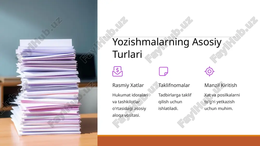 arda etikaga rioya qilish professionalizm belgisi hisoblanadi. hurmat har doim hurmat bilan murojaat qiling. professionalizm xizmat doirasidan chiqmaslik. maxfiylik ma'lumotlar sir saqlansin. 16 telefonogramma yozish jarayoni telefonogramma ma'lum tartibda qayd etilishi shart. qo'ng'iroq xabarni qabul qilish. yozib olish to'liq matnni qayd etish. tasdiqlash qabul qiluvchiga o'qib berish. arxivlash kelajakda foydalanish uchun saqlash. 17 telegramma nima? tarixi va xususiyatlari telegramma — bu matnli xabarlarni telegraf orqali yuborish usuli. u uzoq masofalarga tezkor aloqa uchun ishlatilgan. xx asrning o'rtalarigacha keng tarqalgan. qisqa va aniq xabarlar. rasmiy hujjatlar uchun muhim. ishonchli va tezkor usul. 18 telefonagramma nima? 1 og'zaki va yozma aloqa telefonagramma — bu telefon orqali berilgan xabarni yozma shaklda yetkazish. operator xabarni qabul qilib, uni matn ko'rinishida yuborgan. 2 afzalliklari tezkorlik va og'zaki tushuntirish imkoniyati mavjud. muhim va shoshilinch ma'lumotlar uchun qo'llanilgan. 3 zamonaviy analoglar bugungi kunda sms, elektron pochta va messenjerlar uning vazifasini bajaradi. 19 qo'llanilish sohalari rasmiy aloqa davlat …