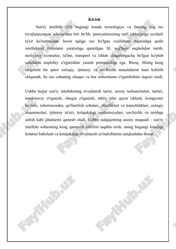 iy neyron tarmoqlari orqali murakkab ma'lumotlarni qayta ishlaydi. dl vizual tanish, nutqni tanish va tabiiy tilni qayta ishlash kabi vazifalarda yuqori natijalarga erishdi. *tabiiy tilni qayta ishlash* (natural language processing, nlp) - bu kompyuterlarga inson tilini tushunish va yaratish imkonini beradigan algoritmlarni ishlab chiqishga qaratilgan. sining asosiy usullariga quyidagilar kiradi: *ekspert tizimlar* - bu muayyan sohada mutaxassislarning bilimlarini aks ettiruvchi tizimlar. ular odatda qoidalar va faktlar asosida ishlaydi. *genetik algoritmlar* - bu evolyutsiya tamoyillariga asoslangan optimallashtirish usullari. ular yechimlarning populyatsiyasini yaratadi va ularni takomillashtirish uchun tanlash, kesishish va mutatsiya kabi operatorlarni qo'llaydi. *neyron tarmoqlari* - bu inson miyasining tuzilishidan ilhomlangan hisoblash modellari. ular tugunlar va bog'lanishlardan iborat bo'lib, ma'lumotlarni qayta ishlash va o'rganish uchun ishlatiladi. masalan, chatgpt katta hajmdagi matn ma'lumotlarida o'qitilgan neyron tarmog'i hisoblanadi. 📊 ai asosiy tushunchalari sun'iy intellektning asosiy tushunchalari va ta'riflari. atama ta'rif misol sun'iy intellekt (ai) inson aqlini taqlid qiluvchi kompyuter tizimlari. o'zni boshqaruvchi avtomobil …