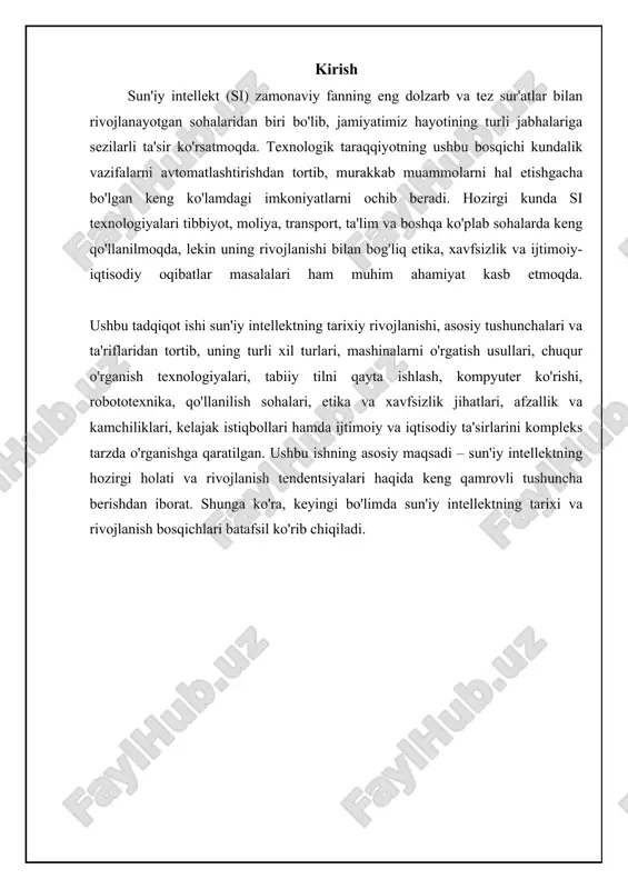 si ga qiziqish qayta tiklandi. ekspert tizimlari ma'lum bir sohada bilimga ega bo'lgan va maslahat berish yoki qaror qabul qilish uchun ishlatilishi mumkin bo'lgan kompyuter dasturlari edi. biroq, bu tizimlar ham cheklangan edi, chunki ular faqatgina o'zlariga kiritilgan ma'lumotlarga asoslangan holda ishlay olardi va yangi vaziyatlarga moslasha olmasdi. keyingi rivojlanish mashinali o'rganish, chuqur o'rganish va katta hajmdagi ma'lumotlarning paydo bo'lishi bilan bog'liq bo'ldi. sun'iy intellekt: asoslar va rivojlanish sun'iy intellekt turlari: vazifa va qobiliyatga ko'ra tasniflash sun'iy intellektni turli mezonlarga ko'ra tasniflash mumkin, ulardan biri – vazifa va qobiliyatga ko'ra ajratish. bu tasniflash sun'iy intellekt tizimining ma'lum bir vazifani qanchalik yaxshi bajarishiga va umumiy intellektual qobiliyatiga asoslanadi. keng tarqalgan turlardan biri bu tor sun'iy intellekt (ani), u faqat bitta vazifani mukammal bajarishga mo'ljallangan. masalan, shaxmat o'ynash bo'yicha kompyuter dasturi yoki mahsulot tavsiya qiluvchi algoritm. bular ma'lum sohada yuqori unumdorlikka erishadi, lekin boshqa sohalarda hech qanday qobiliyatga ega emas. ani hozirgi …