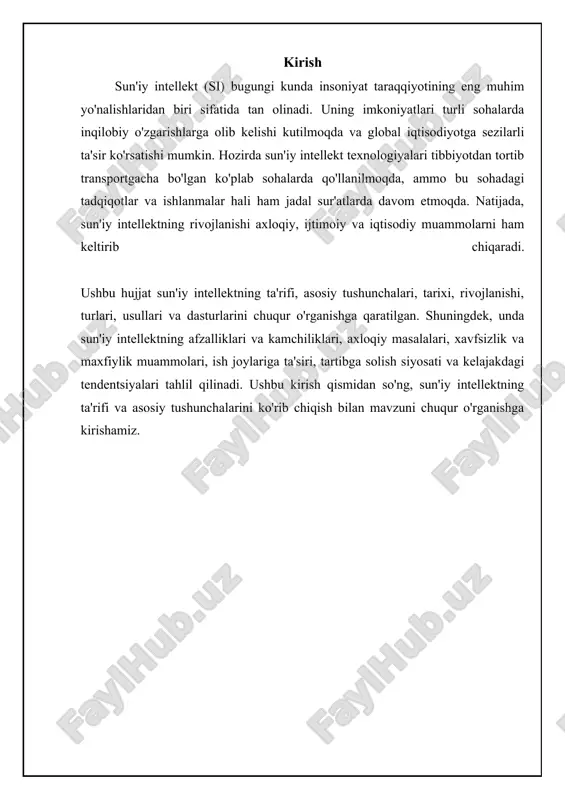 ssislar asining nazoratsiz rivojlanishi insoniyat uchun xavf tug'dirishi mumkinligidan xavotirda. 📈 sun'iy intellekt sohalarining ulushi sun'iy intellekt sohalarining umumiy rivojlanishdagi foiz ulushi sun'iy intellekt: asoslar va tushunchalar mashinani o'rganish (machine learning) va uning asosiy usullari mashinani o'rganish sun'iy intellektning muhim yo'nalishi bo'lib, kompyuterlarga aniq dasturlashsiz o'rganish imkoniyatini beradi. bu ma'lumotlardan naqshlarni aniqlash va kelajakdagi ma'lumotlar haqida bashorat qilishni o'z ichiga oladi. mashinani o'rganish usullari juda xilma-xildir, jumladan, nazorat ostida o'rganish (supervised learning), nazorat ostida bo'lmagan o'rganish (unsupervised learning) va mustahkamlovchi o'rganish (reinforcement learning). nazorat ostida o'rganishda, algoritm ma'lumotlar to'plamidan (odatda, labeled data) o'rganadi va yangi ma'lumotlar uchun tegishli chiqishni bashorat qiladi. misol uchun, elektron pochta xabarlarini spam yoki spam emasligini aniqlash uchun ishlatiladigan algoritm. nazorat ostida bo'lmagan o'rganish, ma'lumotlarda yashirin tuzilmalarni topishga qaratilgan, bunda ma'lumotlar belgilangan emas. bunga misol sifatida mijozlarni xarid xususiyatlariga ko'ra guruhlash mumkin. mustahkamlovchi o'rganish esa agentning atrof-muhit bilan o'zaro ta'siriga asoslanadi, bunda agent to'g'ri harakatlar uchun …