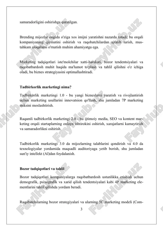 mkoniyatini beradi, bu an'anaviy usullardan 25% ga samaraliroq, roi ni oshiradi. ma'lumotlar tahlili orqali, raqamli marketing kampaniyalari 75% ga maqsadli auditoriyaga yo'naltirilgan bo'lib, byudjetni 30% gacha tejash imkonini beradi. seo optimallashtirish orqali veb-sayt trafigi 50% ga oshishi mumkin, bu esa brendning onlayn ko'rinishini 40% ga yaxshilaydi va sotuvlarni ko'paytiradi. kontent marketingi va hikoya qilish kontent marketingida hikoya qilish brend xabardorligini 70% ga oshirishi mumkin, chunki shaxsiy hikoyalar auditoriyani jalb qilish va hissiy aloqani o'rnatishga yordam beradi. muvaffaqiyatli kontent marketing kampaniyasi uchun hikoya qilish 5w+1h (kim, nima, qayerda, qachon, nega, qanday) tamoyillariga asoslanishi maqsadga muvofiqdir. hikoya qilish orqali mahsulotning 3 ta asosiy afzalligini namoyish etish, xaridorning qaror qabul qilish jarayonini 45% ga tezlashtiradi, chunki u ishonchni mustahkamlaydi. ijtimoiy tarmoqlar marketingi ijtimoiy tarmoqlar marketingida roi (investitsiyalarning qaytarilishi) ni o'lchash muhim, chunki u kompaniyaning marketing xarajatlaridan qancha foyda olayotganini ko'rsatadi, masalan, har bir 100 000 so'm sarflangan pulga necha so'm foyda olinmoqda. influencer …