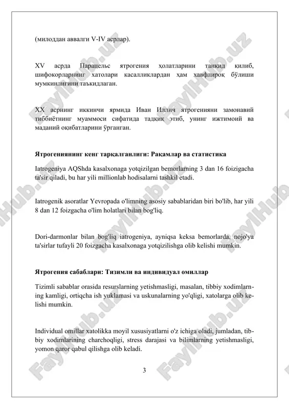 gnostika usullari (biopsiya, angiografiya) 5% dan 8% gacha hollarda jiddiy asoratlarga olib kelishi, shu jumladan infeksiya yoki qon ketish xavfini yaratishi mumkin. noto'g'ri diagnostika 20-30% hollarda davolanishni kechiktirishi yoki noto'g'ri davolanishga olib kelishi mumkin, bu esa bemorning ahvolini yomonlashtirishi mumkin. psixologik va ijtimoiy yatrogeniya psixologik yatrogeniya bemorning salomatligi to'g'risidagi tashvishni kuchaytirishi, uning noaniq yoki noto'g'ri tashxislari tufayli 40% gacha stressni oshirishi mumkin. ijtimoiy yatrogeniya tibbiy xizmat ko'rsatishda tengsizlikni keltirib chiqarishi, 25% gacha hollarda kam ta'minlangan qatlamlar uchun imkoniyatlarni cheklashi mumkin. noto'g'ri kommunikatsiya tufayli paydo bo'lgan psixologik yatrogeniya bemorlarda 30% gacha ortiqcha tashvishga sabab bo'lishi, davolanishga ishonchsizlikni oshirishi mumkin. “agressiv” tibbiyotning ta'rifi va xususiyatlari “agressiv” tibbiyot kasallikni bartaraf etishga qaratilgan intensiv davolash usullarini o'z ichiga oladi, masalan, yuqori dozadagi dorilar yoki tez-tez jarrohlik aralashuvlari. ushbu yondashuvning xususiyati – xavf-xatarni minimallashtirishdan ko'ra, kasallikni tezkorlik bilan yo'q qilishga ustuvor ahamiyat beriladi, hatto yon ta'sirlar ehtimoli yuqori bo'lsa ham. “agressiv” tibbiyotda tashxis qo'yish va …