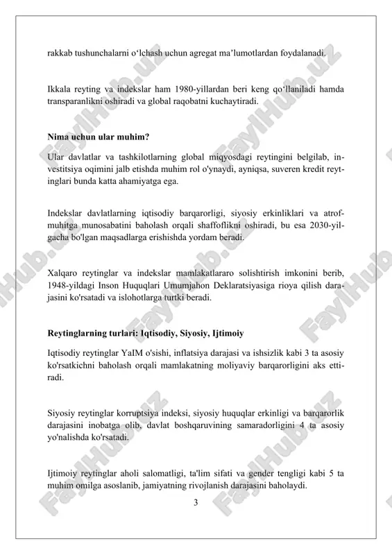 testlar orqali o'quvchilarning bilimini baholaydi. bu 15 yoshli o'quvchilarning matematik, o'qish va fan sohasidagi qobiliyatini aniqlaydi. yuneskoning ta'lim indeksi maktabga qamrov darajasi, o'qituvchilarning malakasi va ta'lim sifatini baholaydi. bu indeks ta'lim tizimining samaradorligini ko'rsatadi. reytinglar va indekslarning afzalliklari reytinglar investorlarga xalqaro bozorlardagi 1000 dan ortiq kompaniyalarning investitsiya xavfini baholashda yordam beradi. indekslar hukumatlarga 50 dan ortiq ijtimoiy-iqtisodiy koʻrsatkichlar boʻyicha siyosat samaradorligini qiyoslash imkonini beradi. akademik reytinglar universitetlarga 20 dan ortiq sifat parametrlarini yaxshilash orqali global raqobatbardoshlikni oshirishga turtki beradi. reytinglar va indekslarning kamchiliklari va tanqidlari reytinglar metodologiyasi subyektiv baholashlarga asoslangan boʻlishi mumkin, natijada 10-20% gacha boʻlgan farqlar turli ekspertlar fikriga bogʻliq boʻladi. indekslar 25-35% hollarda qulay ma’lumotlarni taqdim etish uchun moslashtirilganligi tanqid qilinadi, bu esa xolisona baholashga xalaqit beradi. ba'zi reytinglar o'lchov mezonlari (15-20%) mavhum bo'lib, ularning natijalarga ta'siri aniq emasligi tanqid ostida. ma'lumot manbalarining ishonchliligi va shaffofligi ma'lumot manbalarining ishonchliligi metodologik shaffoflikka bog'liq, bunda tadqiqot usullari va ma'lumotlar to'plami …