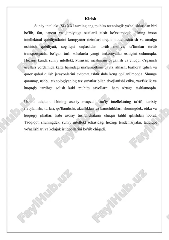 umidlar ro'yobga chiqmadi va mavjud texnologiyalar murakkab muammolarni yechishga qodir emas edi. ammo tadqiqotlar to'xtab qolmadi va yangi usullar ishlab chiqildi. 1980-yillarda ekspert tizimlari rivojlanishi bilan si ga qiziqish yana ortdi. ekspert tizimlari ma'lum bir sohada mutaxassis bilimlarini o'z ichiga olgan va shu sohada qaror qabul qilishga yordam bergan. masalan, tibbiyotda tashxis qo'yishga yordam beradigan ekspert tizimlari yaratildi. keyinchalik, 1990-yillarda mashinaviy o'rganish algoritmlari, xususan, neyron tarmoqlar va qo'llab-quvvatlovchi vektor mashinalari (svm) rivojlandi. xxi asrda katta hajmdagi ma'lumotlar (big data) va kuchli hisoblash resurslarining mavjudligi chuqur o'rganishning (deep learning) yuksalishiga olib keldi. chuqur o'rganish si ning tasvirni tanish, nutqni tanish va tabiiy tilni qayta ishlash kabi sohalarda sezilarli yutuqlarga erishishiga imkon berdi. bugungi kunda si hayotimizning barcha jabhalariga kirib bormoqda va kelajakda yanada katta o'zgarishlarga olib kelishi kutilmoqda. 📊 sun'iy intellekt: asoslar va rivojlanish statistikasi ushbu statistika sun'iy intellektning asosiy ko'rsatkichlari va rivojlanish tendentsiyalarini aks ettiradi. korxonalarning sun'iy intellektni qabul qilish …
