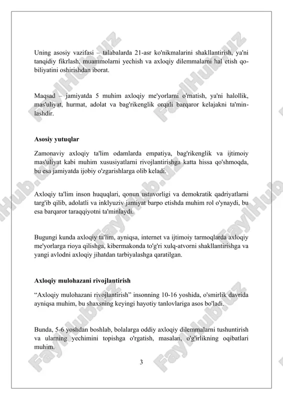 oyiliga asoslanadi, bu jamiyatning barcha a'zolarini, shu jumladan 20% qismini hisobga olish va ularning ehtiyojlarini qondirish demakdir. 'ijtimoiy adolat'ni amalga oshirish davlatning 10 yillik iqtisodiy rejalari orqali moliyaviy resurslarni adolatli taqsimlashni nazarda tutadi, bu ta'lim va sog'liqni saqlashga yo'naltiriladi. asosiy kamchiliklar aqliy taraqqiyotga e’tibor qaratilgani uchun 21-asrda hissiy va ijtimoiy rivojlanishga yetarlicha e’tibor berilmayapti, bu esa empatiya tanqisligiga olib keladi. ko'p o'quv dasturlarida 10 asosiy axloqiy qadriyatlar muammosiz o'rgatilmaydi; o'quvchilarning fikrlash qobiliyatini cheklab, yuzaki bilim beriladi. texnologiyalar (masalan, smartfonlar, ijtimoiy tarmoqlar) odamlarning real muloqotini kamaytiradi, 75 foiz o’smirlarda axloqiy dilemmalar yuzaga kelganda ikkilanish paydo bo’ladi. nazariyaning amaliyotdan uzoqligi zamonaviy axloqiy ta'lim nazariyasi ko'pincha amaliyotdan uzoqlashadi, chunki unda real hayotdagi dilemmalarning nozik tomonlari va murakkab vaziyatlari 360 gradusda to'liq hisobga olinmaydi. ko'pgina axloqiy nazariyalar ideal sharoitlarni tasavvur qiladi, lekin amalda shaxsiy manfaatlar, ijtimoiy bosim va 24/7 mavjud bo'lgan resurslar yetishmasligi kabi omillar qarorlarni o'zgartirishi mumkin. natijada, axloqiy ta'limning 80% nazariyasi amaliyotda …