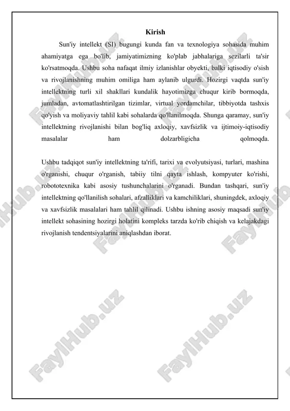 sezilarli o'zgarishlarga olib keldi. google, amazon, microsoft va boshqa kompaniyalar si ni o'z mahsulotlariga integratsiya qilib, uning imkoniyatlarini kengaytirishda davom etmoqda. masalan, avtonom transport vositalari, virtual yordamchilar (siri, alexa), va tibbiyotda diagnostika tizimlari si ning muvaffaqiyatli qo'llanilishiga misol bo'la oladi. shuningdek, deepmind kompaniyasining alphago dasturi go o'yinida inson chempionini mag'lub etishi si tarixidagi muhim voqea bo'ldi. ushbu yutuqlar si ning kelajakda insoniyat hayotining ko'plab sohalarida katta ta'sir ko'rsatishini ko'rsatadi. ⚖️ sun'iy intellekt turlarini solishtirish sun'iy intellektning turli xil turlarini asosiy xususiyatlari bo'yicha solishtirish item qobiliyat darajasi o'rganish usuli qo'llanilish sohalari murakkablik zaif ai (ani) tor ma'lumotlarga asoslangan oddiy vazifalar past kuchli ai (agi) inson darajasida adaptiv keng ko'lam yuqori o'ta ai (asi) insoniyatdan ustun avtonom hamma sohalar juda yuqori sun'iy intellekt: asoslar va rivojlanish sun'iy intellekt turlari: zaif va kuchli ai sun'iy intellektning asosiy turlaridan biri – bu zaif (yoki tor) ai va kuchli (yoki umumiy) ai. zaif ai, odatda, …