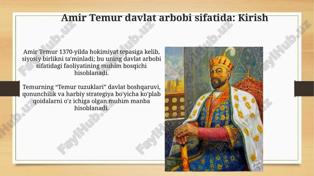 asi turli din vakillarining tinch-totuv yashashiga sharoit yaratgan. xristianlar, yahudiylar va zardushtiylar o'z dinlariga amal qilishda erkin edilar. temurning merosi va uning o'rta osiyo tarixidagi o'rni temurning ilmiy homiyligi, ayniqsa astronomiya va matematika sohalarida, ulug'bek rasadxonasini qurishga olib keldi va o'rta osiyoda 15-asrda fan rivojiga katta hissa qo'shdi. temurning samarqandni imperiyaning markaziga aylantirishi va monumental me'morchilik loyihalarini amalga oshirishi, shaharni madaniyat va savdo markaziga aylantirdi, bu esa mintaqaviy yuksalishga turtki berdi. tarixiy manbalar va tadqiqotlar “zafarnoma” asari, sharafuddin ali yazdiy tomonidan 1425-yilda yozilgan bo'lib, amir temurning harbiy yurishlari va siyosiy faoliyatini batafsil tasvirlaydi, muhim manba hisoblanadi. ibn arabshohning “amir temur tarixi” (ajoib ul-maqdur fi navaib temur) asari, garchi dushmanona nuqtai nazardan yozilgan bo'lsa-da, temur davri haqida qimmatli ma'lumotlarni o'z ichiga oladi. tanqid va bahslar amir temurning shaxsiyati va harbiy yurishlari tarixchilar orasida qizg'in bahslarga sabab bo'lgan, ba'zilar uning shafqatsizligini tanqid qilsa, boshqalar siyosiy zarurat deb hisoblaydi. ba'zi tanqidchilar amir temurning …