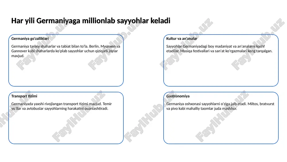 strategiyalaridan biridir, bu sayyohlikni yanada rivojlantirishga xizmat qiladi. 6 germaniya turizm statistikasi har yili yangilanadi turizmning o'sishi germaniya turizm sohasida har yili izchil o'sib bormoqda. chet ellik sayyohlar soni har yili oshib, yangi joylar va xizmatlar taklif qilish maqsadida turli tadbirlar o'tkaziladi. germaniya turizm statistikasi har yili yangilanadi statistik ma'lumotlar germaniya turizm statistikasi har yili yangilanadi. bu statistikalar mamlakatning iqtisodiy rivojlanishi uchun muhim ahamiyatga ega bo'lib, sayyohlar soni, ularning sarf-xarajatlari va joylashish joylari haqida ma'lumotlarni o'z ichiga oladi. germaniya turizm statistikasi har yili yangilanadi iqtisodiy ta'sir turizm germaniya iqtisodiyotiga sezilarli darajada ta'sir qiladi. sayyohlik sohasida ishlab chiqariladigan xizmatlar mahalliy iqtisodiyotga qo'shimcha qiymat kiritadi. germaniya turizm statistikasi har yili yangilanadi 7 germaniya turizmida ekologik barqarorlik muhim ahamiyatga ega ekologik barqarorlikning ahamiyati germaniyada ekologik barqarorlik turizm sohasida asosiy yondashuvlardan biri hisoblanadi germaniya turizmida ekologik barqarorlik muhim ahamiyatga ega tabiat resurslarini muhofaza qilish ekoturizm orqali tabiiy resurslar va biologik xilma-xillikni saqlab qolish zarurati …