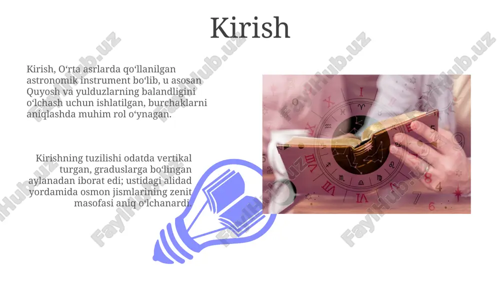 , 1990-yildan beri ishlaydi, koʻrinadigan va ultrabinafsha nurlanishni qayd etib, galaktikalar evolyutsiyasi va kosmik masofalarni aniqlashda bebaho ma’lumotlarni beradi. ma'lumotlarni tahlil qilish va qayta ishlash ma'lumotlarni qayta ishlashda kalibrlash usullari 100 dan ortiq tizimli xatoliklarni kamaytirish uchun muhim, bu astronomik kuzatuvlarning aniqligini sezilarli darajada oshiradi. spektral tahlil yulduzlarning haroratini aniqlash uchun ishlatiladi, 5000k dan 40000k gacha bo'lgan harorat oralig'idagi spektral chiziqlar intensivligini o'lchash orqali. kelajakdagi texnologiyalar va istiqbollar kelajakda 3d bosib chiqarish yordamida kosmik kemalar va sun'iy yo'ldoshlarni joyida qurish mumkin, bu xarajatlarni kamaytiradi va missiyalarni tezlashtiradi. kelajakda 20-30 yil ichida bu texnologiya rivojlanadi. katta teleskoplar uchun adaptiv optika tizimlari atmosferaning buzilishini bartaraf etadi, 10-100 marta aniqroq tasvirlarni beradi. bu kelajakda galaktikalarni o'rganish uchun juda muhimdir. e'tiboringiz uchun rahmat image4.png image5.jpg image6.jpg image7.jpg image8.jpg image9.jpg image10.jpg image11.jpg image12.jpg image13.jpg image14.jpg image15.jpg image1.jpeg image2.jpeg image3.jpeg