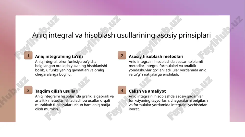 iz. bu jarayon integral va derivativ orasidagi muhim bog‘liqlikni ta’minlaydi. integralni hisoblash usullari nyuton-leybnits formulasi bilan integralni yechish uchun, avvalo, funksiyaning hosilasini bilish va unga asoslangan formulalardan foydalanish kerak. bu usul murakkab integrallarni soddalashtiradi. amaliyotlarda aniq integralning muhimligi va hisoblash usullari bilan tanishtirish. 1 tahlil qilish usullari aniq integralni hisoblashda turli metodlar qo‘llaniladi, jumladan, geometrik, analitik va raqamli yondashuvlar, bu esa muammolarni samarali hal qilish imkonini beradi. 2 amaliy misollar amaliyotlarda aniq integralning qo‘llanishi muhim bo‘lib, u fizikada, muhandislikda va iqtisodiyotda murakkab muammolarni hal qilishda keng tarqalgan, natijalarni aniqlash uchun ishlatiladi. 3 hissoblash texnikasi aniq integralni hisoblash uchun o‘rganilgan metodlar, masalan, oddiy va murakkab funksiyalar uchun, newton-leybnits formulasi va analitik yondashuvlar muhim rol o‘ynaydi. ilmiy sohalarda aniq integralning qo‘llanilishi va uning natijalari. 1 ilmiy sohalarda qo‘llanilishi - aniq integral fizikada, muhitning o‘zgarishini, energiya va ish hajmini hisoblashda, biologiyada esa, populyatsiya o‘sishini tahlil qilishda keng qo‘llaniladi. 2 natijalarning ahamiyati - aniq …