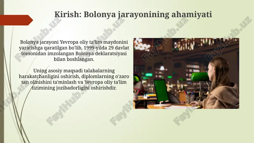 a xalqaro tajribani oshiradi. bolonya jarayonining afzalliklari va kamchiliklari bologna jarayonining afzalligi talabalar mobilligini oshirish, kreditlarni o'tkazish imkoniyatini berish va yevropa oliy ta'lim maydonida (ehea) diplomlarni tan olishni osonlashtiradi. bologna jarayonining kamchiligi ta'lim sifatini standartlashtirishga urinish, mahalliy ta'lim tizimlarining o'ziga xos xususiyatlarini hisobga olmaslik va ko'proq byurokratiyaga olib kelishi mumkin. o'zbekistonda bolonya jarayoni elementlarining joriy etilishi o'zbekistonda 2020-yildan boshlab kredit-modul tizimi joriy etildi, bu talabalarga o'z o'quv traektoriyasini moslashuvchan tarzda rejalashtirish imkonini beradi. 2019-yilda o'zbekiston respublikasi vazirlar mahkamasining 997-sonli qarori bilan ta'lim standartlari bolonya tamoyillariga moslashtirildi, kvalifikatsiyalar ramkasi yangilandi. xulosa: modernizatsiya va kelajak istiqbollari modernizatsiyaning kaliti – bolonya jarayoni tamoyillarini o‘zbekiston oliy ta’lim tizimiga 2030 yilgacha bo‘lgan strategiyaga muvofiq moslashtirish orqali sifatni oshirishdir. kelajakda bolonya jarayoni raqamlashtirish, masofaviy o‘qitish va sun’iy intellekt kabi innovatsion texnologiyalarni ta’limga integratsiyalash orqali o‘zbekistonni rivojlangan davlatlar qatoriga qo‘shadi. e'tiboringiz uchun rahmat image1.png image2.jpg image3.jpg image4.jpg image5.jpg image6.jpg image7.jpg image8.jpg image9.jpg image10.jpg image11.jpg image12.jpg image13.jpg
