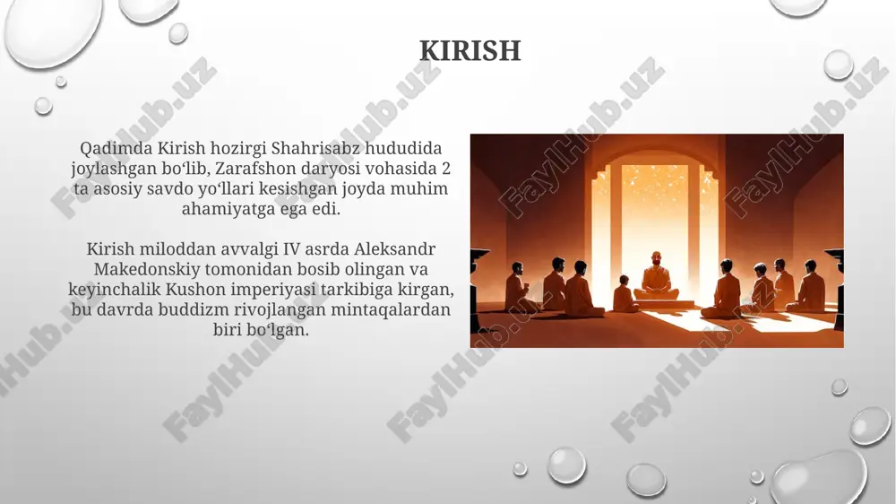 asi davrida gullab-yashnagan muhim markaz edi. ajdina tepa, vahsh daryosi boʻyida joylashgan boʻlib, vii-viii asrlarga tegishli. bu yerda budda haykallarining loydan yasalgan katta kolleksiyasi, jumladan, 12 metrlik yotgan budda haykali topilgan. buddizmning markaziy osiyoda tanazzulga uchrashi viii asrda islom fathlari, masalan, 751-yilda talas jangi, buddizm monastirlarini vayron qildi va ko'plab buddaviylarni islomga o'tishga majbur etdi. turkiy xalqlarning islomni qabul qilishi x-xii asrlarda buddizmning qo'llab-quvvatlanishini kamaytirdi, islom esa hukmron din sifatida o'z o'rnini egalladi. xulosa xulosa shuni ko'rsatadiki, buddizmning markaziy osiyoga tarqalishi bir necha asrlar davomida, taxminan miloddan avvalgi ii asrdan milodiy vii asrgacha davom etgan murakkab jarayon edi. markaziy osiyoda buddizmning gullab-yashnashi kushon imperiyasi davrida sodir bo'lgan, bu davrda buddist san'ati, me'morchiligi va falsafasi buyuk ipak yo'li orqali keng tarqaldi. e'tiboringiz uchun rahmat image2.png image5.jpg image6.jpg image7.jpg image8.jpg image9.jpg image10.jpg image11.jpg image12.jpg image13.jpg image14.jpg image15.jpg image16.jpg image3.png