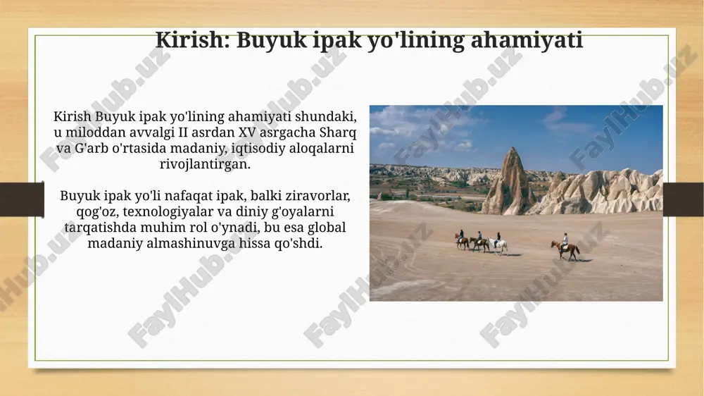 arvonlarining xavfsizligini pasaytirdi. mo'g'ullar imperiyasining ipak yo'lini qayta tiklashi mo'g'ullar bosqini natijasida 13-asrda ipak yo'lining katta qismi vayron bo'lgan edi, ammo hulaguiylar davlati uni tiklashga katta hissa qo'shdi. mo'g'ul imperiyasi xitoy, markaziy osiyo va yaqin sharqni birlashtirib, savdo karvonlari uchun 10-20 foizlik soliq imtiyozlari yaratdi. dengiz yo'llarining ahamiyati ortishi xvi asrda yevropaliklarning yangi dengiz yo'llarini topishi, masalan, hindistonga aylanma yo'l, dengiz savdosining ahamiyatini keskin oshirdi. xvi-xix asrlarda g'arbiy yevropa davlatlari dengiz savdosini monopoliyaga olishi natijasida dengiz yo'llari orqali qulayliklar sezilarli darajada ko'paydi. ipak yo'lining merosi va zamonaviy ahamiyati ipak yo'lining merosi mintaqalararo madaniy almashinuvga asoslangan bo'lib, 2014-yilda yuneskoning jahon merosi ro'yxatiga kiritilgan 33 ta yangi obyektni o'z ichiga oladi. bugungi kunda 'bir kamar, bir yo'l' tashabbusi ipak yo'lining an'analarini davom ettirib, infratuzilmani rivojlantirish va 150 dan ortiq mamlakatlar bilan savdoni osonlashtirishga qaratilgan. buyuk ipak yo'lini o'rganish bo'yicha tadqiqotlar 19-asr oxiri va 20-asr boshlarida sven hedinning markaziy osiyo bo‘ylab ekspeditsiyalari buyuk …