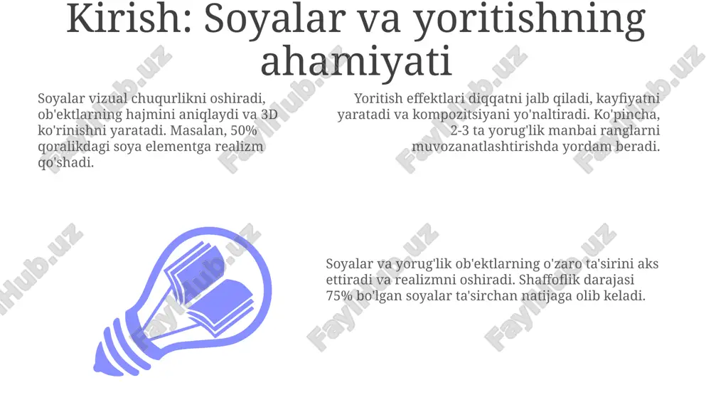 u esa realistik yoritish effektini yaratishga yordam beradi. kamida ikkita rangdan foydalaning. coreldraw-da kontur effekti bilan yoritish uchun 'effect > contour' buyrug'idan foydalaning. kontur qadamlari sonini 1 dan oshiring, ranglarni moslang va 'center' yoki 'outside' variantlarini tanlab, yoritishni sozlang. shaffoflik bilan yoritishni simulyatsiya qilish coreldraw'da shaffoflik bilan yoritishni simulyatsiya qilishda 'gaussian blur' filtri muhim rol o'ynaydi. bu effekt yorug'lik manbasidan tarqaladigan yumshoq soyalarni yaratishga yordam beradi. shaffoflik yordamida yoritishni simulyatsiya qilish uchun 'blend' effektidan foydalaning. ranglarni 0% dan 100% gacha o'zgartirib, silliq o'tishlar hosil qiling, bu esa yorug'lik illyuziyasini yaratadi. yoritish simulyatsiyasida rang gradientlaridan foydalanish muhim. masalan, 2 ta rangni (ochiq va to'q) radial gradient bilan uyg'unlashtirib, yorug'likning markazdan tarqalishini ko'rsating. ranglar va soyalar uyg'unligi ranglar va soyalar uyg'unligida, 70% asosiy rangga 30% qo'shimcha rang qo'shish vizual muvozanatni yaratadi. bu usul 0 dan 255 gacha rgb qiymatlari bilan ishlaydi. yorug'lik va soyalar o'rtasidagi kontrast 1:3 nisbatda bo'lishi kerak, bunda yorug'lik …