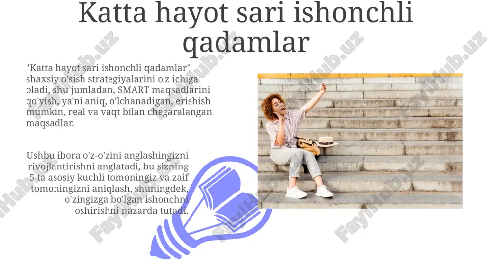 wer matritsasi urgent (shoshilinch) va important (muhim) vazifalarni aniqlashga yordam beradi. 1-chorakdagi vazifalarni darhol bajaring, 2-chorakni rejalashtiring, 3-chorakni delegatsiya qiling, 4-chorakni esa o'chiring. o'rganish: yangi ko'nikmalarni o'zlashtirish o'rganish jarayonida 70/20/10 modelini qo'llang: 70% tajriba, 20% o'zaro ta'sir, 10% formal ta'lim. bu ko'nikmalarni tez o'zlashtirishga yordam beradi. smart maqsadlarini belgilang (specific, measurable, achievable, relevant, time-bound) har bir yangi ko'nikma uchun. bu o'qishni yo'naltirishga va o'lchashga yordam beradi. amalga oshirish: katta hayotni yaratish 01 02 "amalga oshirish: katta hayotni yaratish" deganda, shaxsiy o'sish, maqsadga erishish va potensialni 100% ro'yobga chiqarish orqali muvaffaqiyatga intilish tushuniladi. sales 1st qtr 2nd qtr 100 0 sales 1st qtr 2nd qtr 100 0 e'tiboringiz uchun rahmat image4.png image5.jpg image6.jpg image7.jpg image8.jpg image9.jpg image10.jpg image11.jpg image12.jpg image13.jpg image14.jpg image15.jpg image16.jpg image1.jpeg image2.jpeg image3.jpeg
