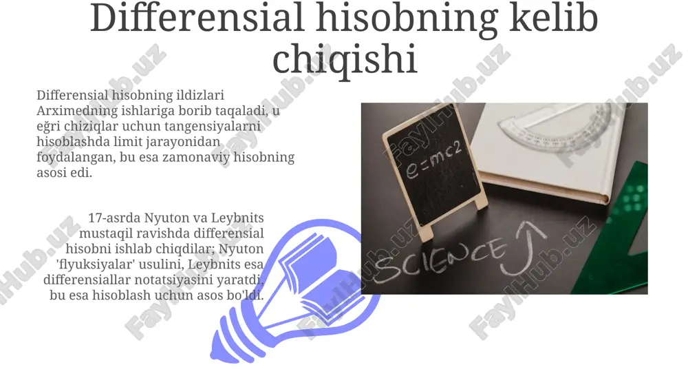 iyasi analitik davomiyligi va nol nuqtalari differensial tenglamalarning spektral xususiyatlarini o'rganishda, ayniqsa kvant mexanikasida, katta ahamiyatga ega. puasson va issiqlik o'tkazuvchanlik tenglamasi puasson tenglamasi issiqlik o'tkazuvchanlik tenglamasining statsionar holati bo'lib, vaqtga bog'liq bo'lmagan issiqlik taqsimotini tasvirlaydi; laplas operatori (∇²) haroratning manbai bilan bog'lanadi. issiqlik o'tkazuvchanlik tenglamasi fourier qonuniga asoslanadi, u issiqlik oqimi harorat gradyentiga proporsional ekanligini aytadi; proporsionallik koeffitsienti issiqlik o'tkazuvchanlikdir (k). differensial geometriyada qo'llanilishi differensial geometriya egri chiziqlar va sirtlarni o'rganishda differensial tenglamalarni qo'llaydi, masalan, geodeziklarni aniqlashda ikkinchi tartibli differensial tenglamalar ishlatiladi. egri chiziqlik tushunchasi differensial geometriyada muhim, va uni hisoblash uchun differensiallash amallari talab etiladi, bunda egri chiziqlik radiusi va egri chiziqlik vektorlari kabi ko'rsatkichlar mavjud. chebishev va approksimatsiya nazariyasi 01 02 chebishev approksimatsiya nazariyasi ko'p hadlar orqali funksiyalarni optimal yaqinlashtirishga qaratilgan bo'lib, xatolikni minimallashtirish uchun chebishev polinomlaridan foydalanadi. sales 1st qtr 2nd qtr 100 0 sales 1st qtr 2nd qtr 100 0 puankare va sifat nazariyasi puankare …