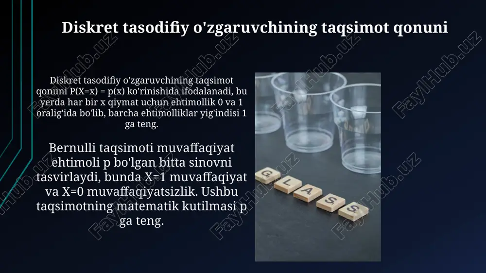 qsimot muvaffaqiyatga erishgunga qadar bernulli sinovlari sonini, ya'ni birinchi muvaffaqiyat uchun ketgan urinishlar sonini ifodalaydi. uning qiymatlari 1 dan boshlanib cheksizlikka intiladi. geometrik taqsimotning matematik kutilishi 1/p ga teng, bu yerda p muvaffaqiyat ehtimoli. dispersiyasi esa (1-p)/p^2 ga teng bo'lib, tarqalishning o'lchovini ko'rsatadi. gipergeometrik taqsimot gipergeometrik taqsimot, n elementdan iborat populyatsiyadan n element tanlab olinganda, m ta xususiyatga ega elementlar sonini aniqlaydi. bu yerda tanlash qaytarilmasdan amalga oshiriladi. gipergeometrik taqsimotning k parametrli ehtimolligi, c(m, k) * c(n-m, n-k) / c(n, n) formula orqali hisoblanadi, bu yerda c kombinatsiya funksiyasidir va k ≤ min(n, m) shart bajarilishi kerak. matematik kutilma matematik kutilma diskret tasodifiy oʻzgaruvchining ehtimollik taqsimotining markaziy oʻlchovidir, har bir qiymat uning tegishli ehtimoliga koʻpaytirilgan qiymatlar yigʻindisi orqali hisoblanadi. agar x tasodifiy o'zgaruvchi bo'lsa, e(x) matematik kutilma x ning mumkin bo'lgan qiymatlarining o'rtacha og'irligini ifodalaydi, bu erda og'irliklar har bir qiymatning ehtimolligi bilan belgilanadi. dispersiya va standart og'ish dispersiya - …