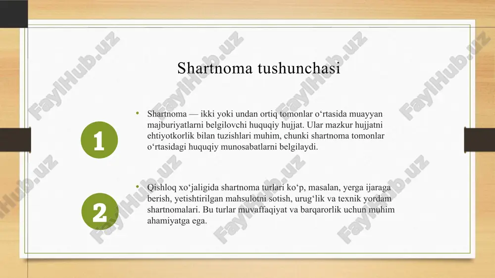 di, narxlar va etkazib berish shartlarini belgilaydi. bu orqali mahsulotlar bozoriga ishonch va muvofiqlik oshadi. qishloq xoʻjaligidagi roli sotish shartnomasining asosiy elementlari: mahsulot turi, miqdor, narx, etkazib berish shartlari, sifat talablari va tomonlarning majburiyatlari. bu elementlar shartnomani rasmiy va huquqiy kuchga ega qiladi. muhim elementlar xizmat ko‘rsatish shartnomalari qishloq xoʻjaligida xizmat ko‘rsatish shartnomasi – bajariladigan xizmatlar va ularning shartlarini belgilovchi hujjat. bu shartnoma turli xizmatlarni o‘z ichiga oladi, masalan, texnik yordam, sug‘urta yoki maslahat xizmatlari. asosiy elementlari: majburiyatlar, xizmat turlari va miqdori, to‘lov shartlari, muddati va javobgarlik. bu elementlar shartnoma muhimligini ta’minlab, tomonlar o‘rtasida aniq va adolatli munosabatlarni o‘rnatadi. yirik muammolarni aniqlash qishloq xo‘jaligidagi shartnoma muammolari iqtisodiy, huquqiy va ijtimoiy jihatlarni o‘z ichiga oladi. masalan, moliyaviy resurslar, huquqiy nizolar va ijtimoiy muhitdagi muvozanat muhimdir. muammolarni tahlil qilishda iqtisodiy metodlar, huquqiy yondashuvlar va ijtimoiy tadqiqotlar qo‘llanadi. statistik ma’lumotlar, monitoring, ekspert fikrlari va zamonaviy texnologiyalar yordamida aniqlash muhimdir. muammolarni aniqlash uchun statistik …